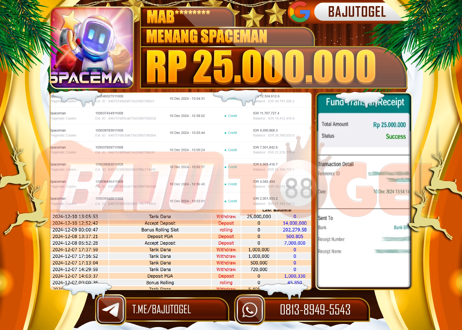BAJUTOGEL JACKPOT SPACEMAN Rp.25.000.000 LUNAS