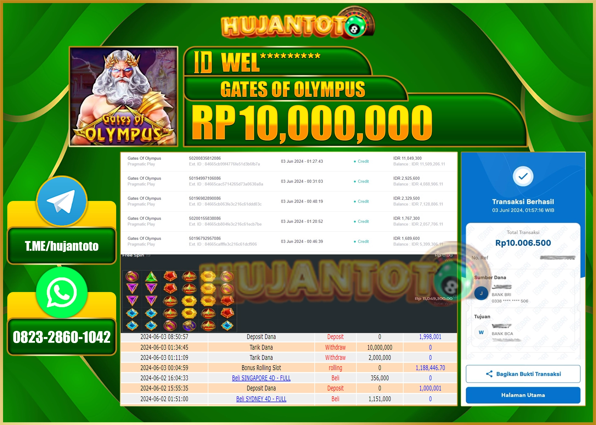 HUJANTOTO MENANG SLOT Gates Of Olympus  (Pragmatic Play)  10.000.000 - LUNAS 
