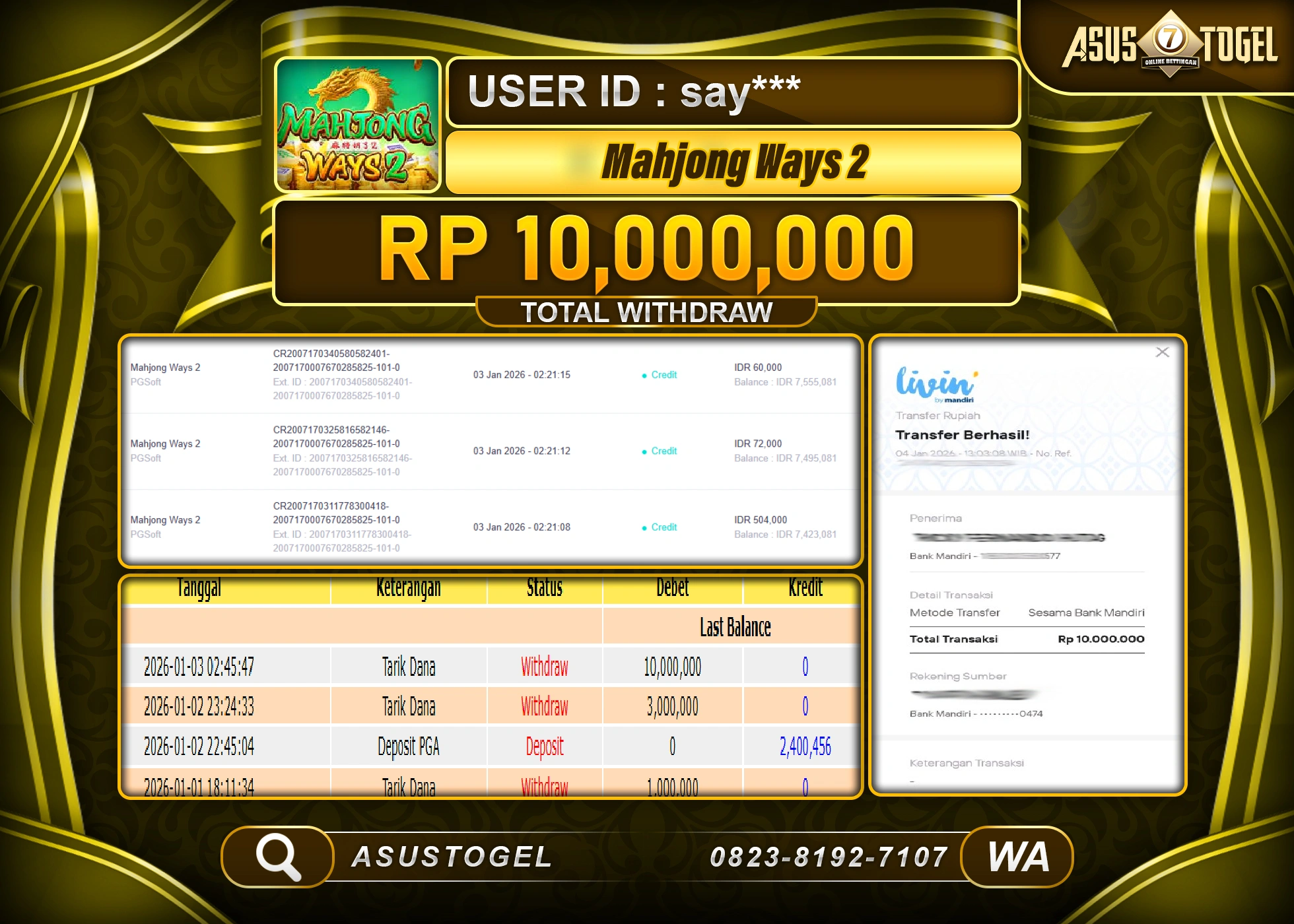 ASUSTOGEL KEMENANGAN DI SLOT MAHJONG WAYS 2  SEBESAR 10,000,000 - RUPIAH LUNAS