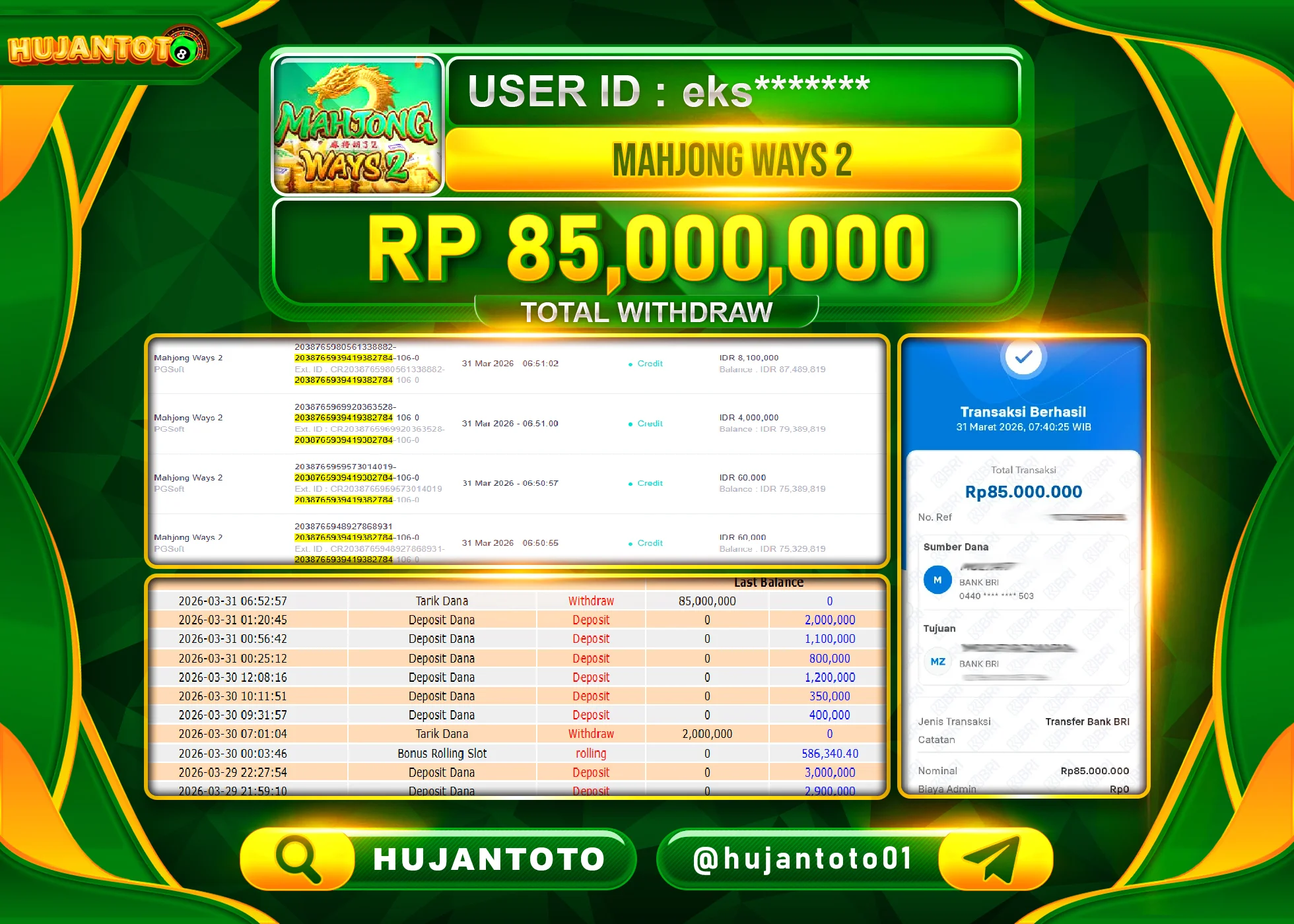 HUJANTOTO - BUKTI JACKPOT MENANG SLOT MAHJONG WAYS 2 Rp.85,000,000 - TERBAYAR LUNAS