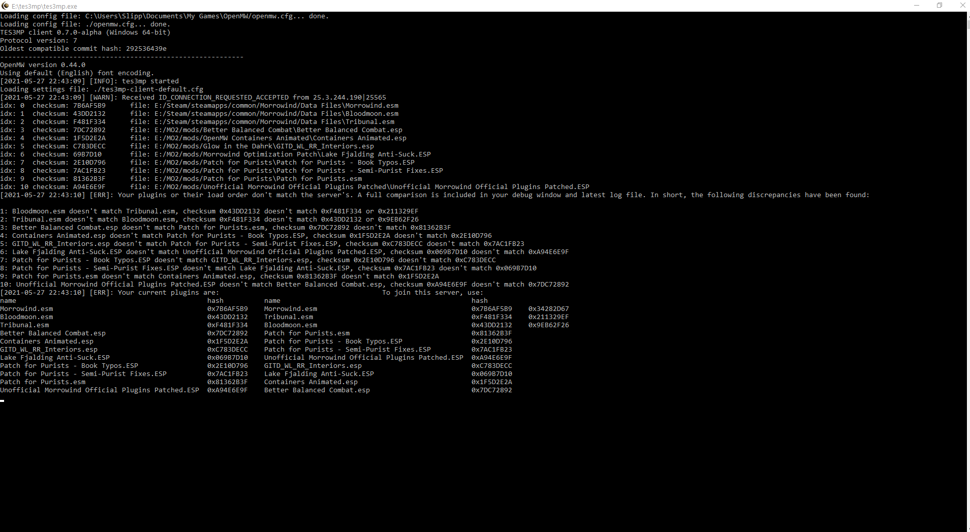 load order / Checksum server issue please help Morrowind Multiplayer