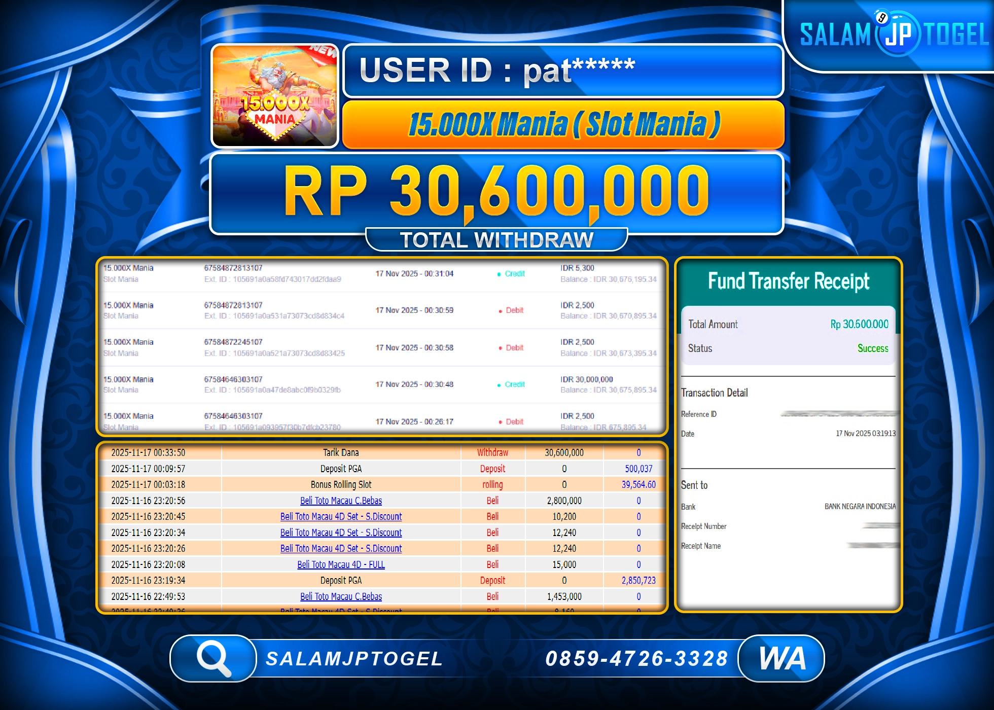 SALAMJPTOGEL MENANG  SLOT MANIA 1,5000X MANIA Rp.30,6000,000  - LUNAS