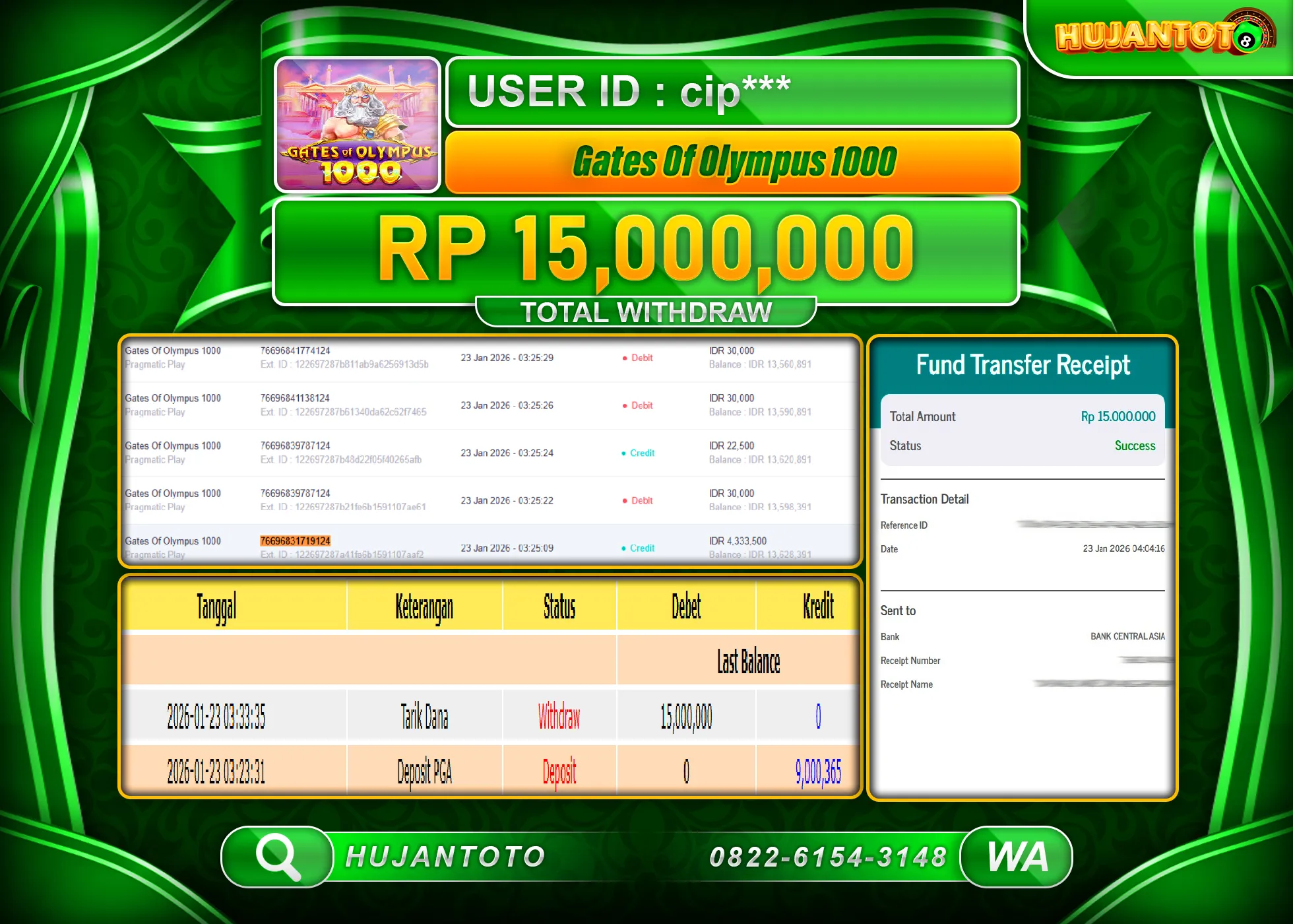 HUJANTOTO - BUKTI JACKPOT MENANG SLOT GATES OF OLYMPUS 1000 Rp.15,000,000 - TERBAYAR LUNAS