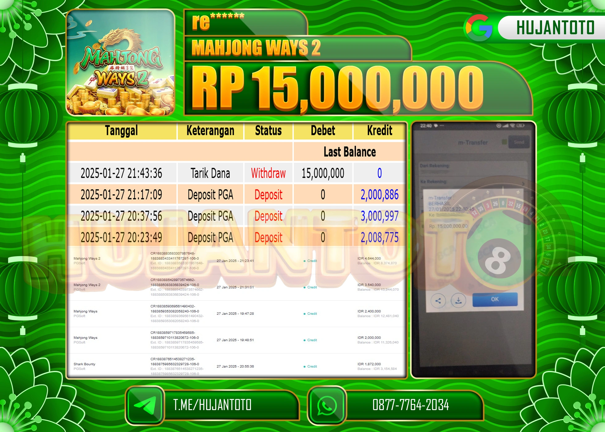 HUJANTOTO - BUKTI JACKPOT MENANG SLOT MAHJONG WAYS 2 Rp,15,000,000 - TERBAYAR LUNAS