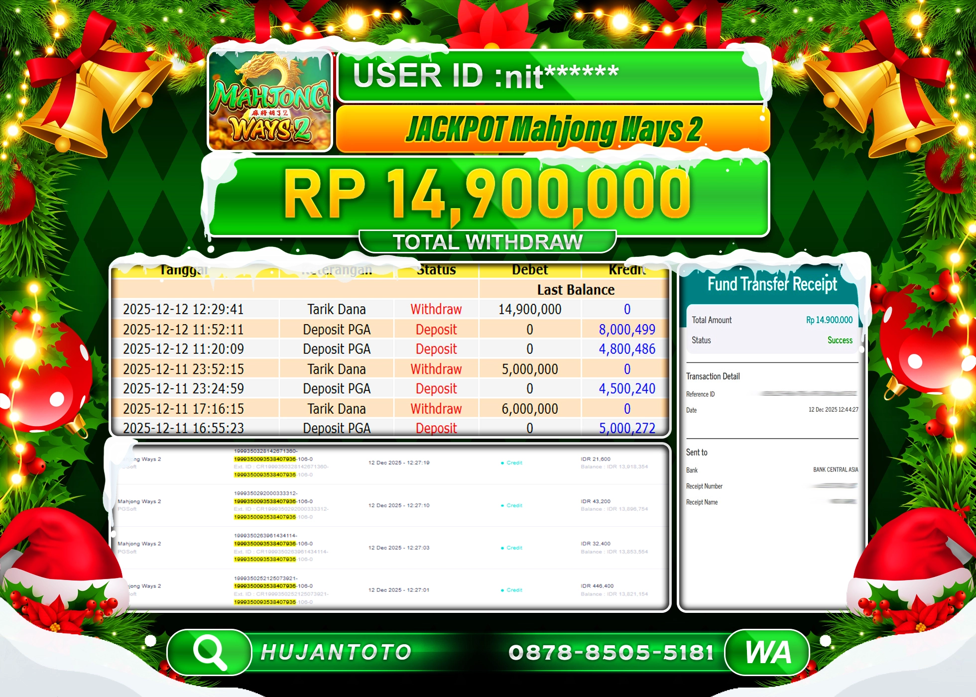 HUJANTOTO - BUKTI JACKPOT MENANG SLOT GAME MAHJONG WAYS 2 PG SOFT Rp.14,900,000 - TERBAYAR LUNAS