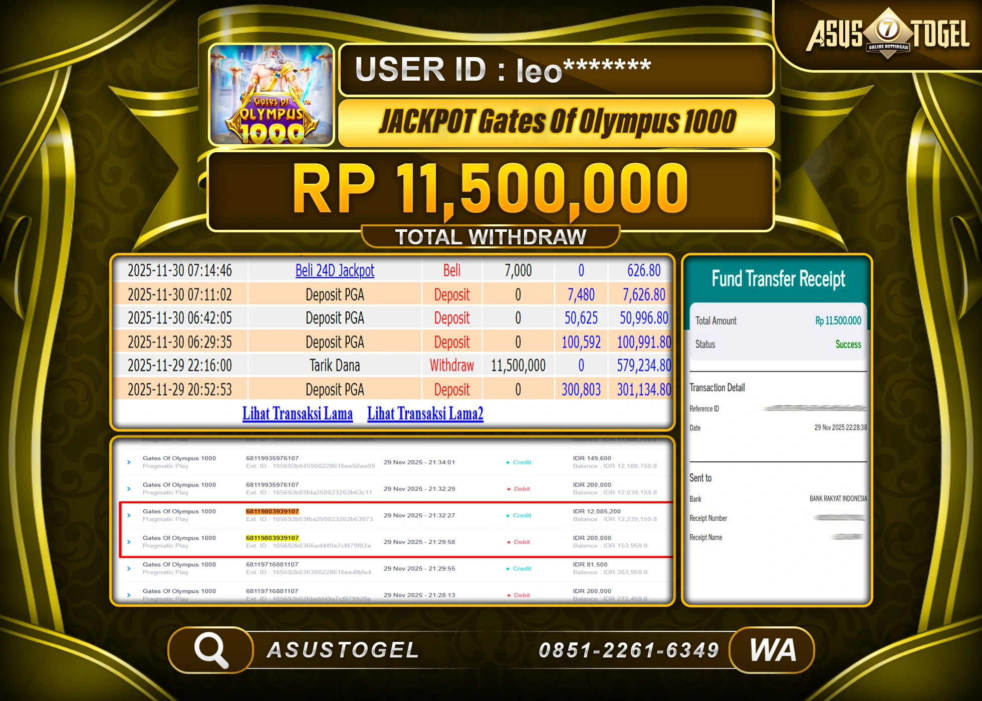 ASUSTOGEL KEMENANGAN DI SLOT GATES OF OLYMPUS 1000 SEBESAR 11,500,000 - RUPIAH LUNAS