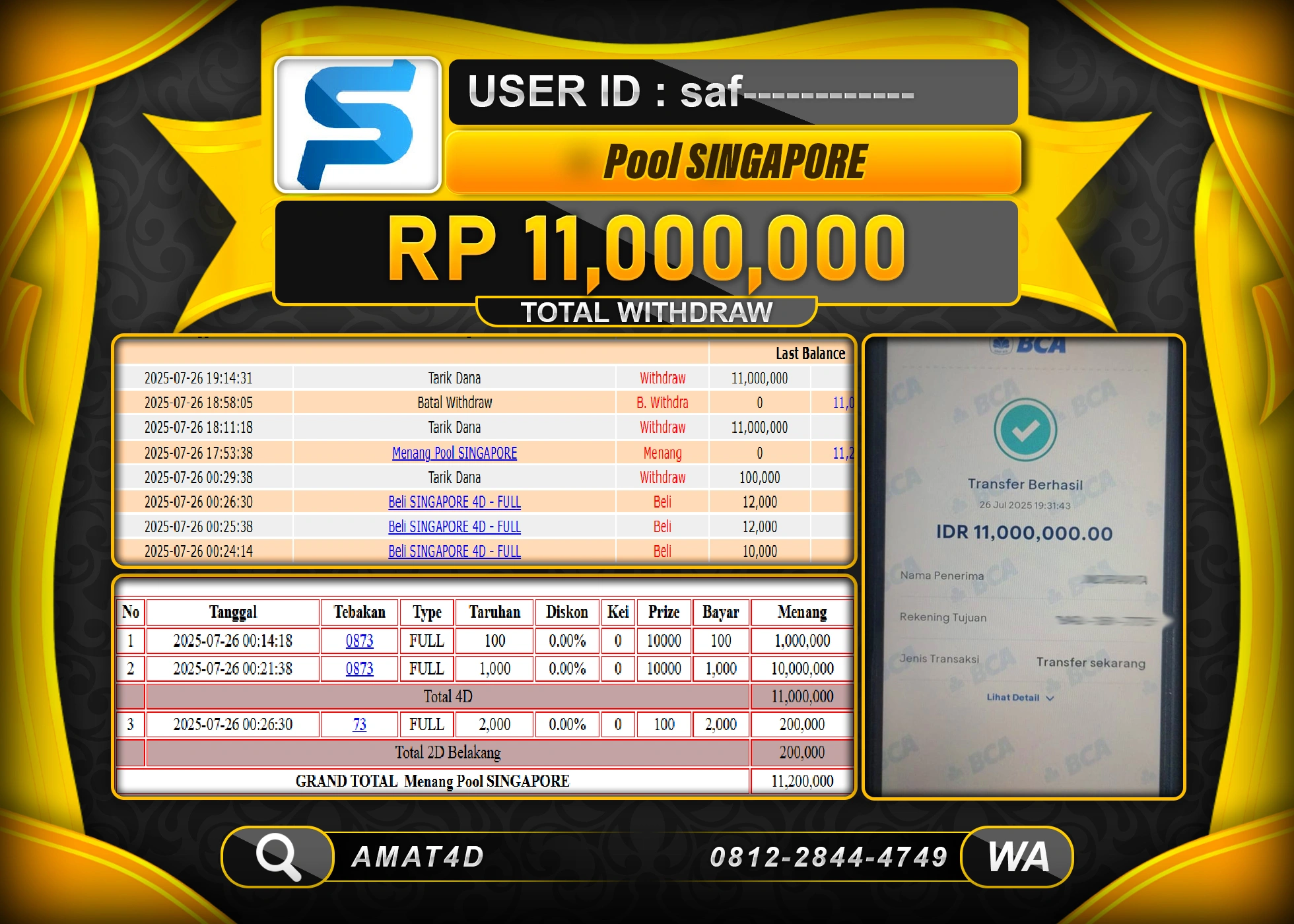 AMAT4D KEMENANGAN DI SINGAPORE POOLS   Rp.11.000.000 BERHASIL TERBAYAR LUNAS