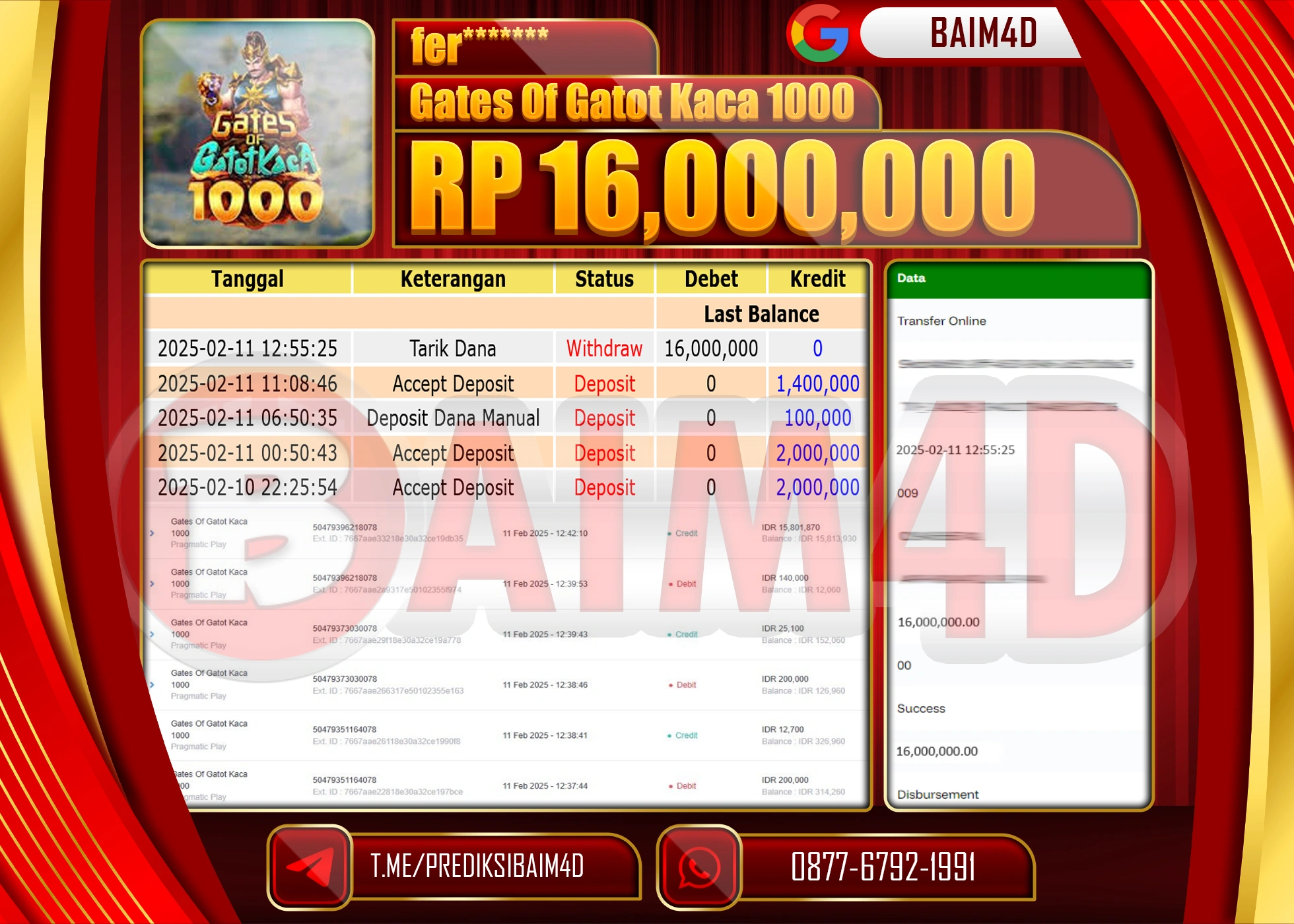 BAIM4D MENANG  GATES OF GATOT KACA 1000  Rp.16.000,000.