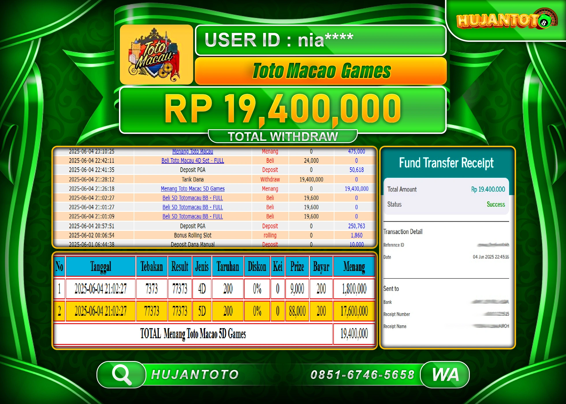 HUJANTOTO - BUKTI JACKPOT MENANG TOGEL TOTO MACAU 5D Rp.19,400,000 - TERBAYAR LUNAS