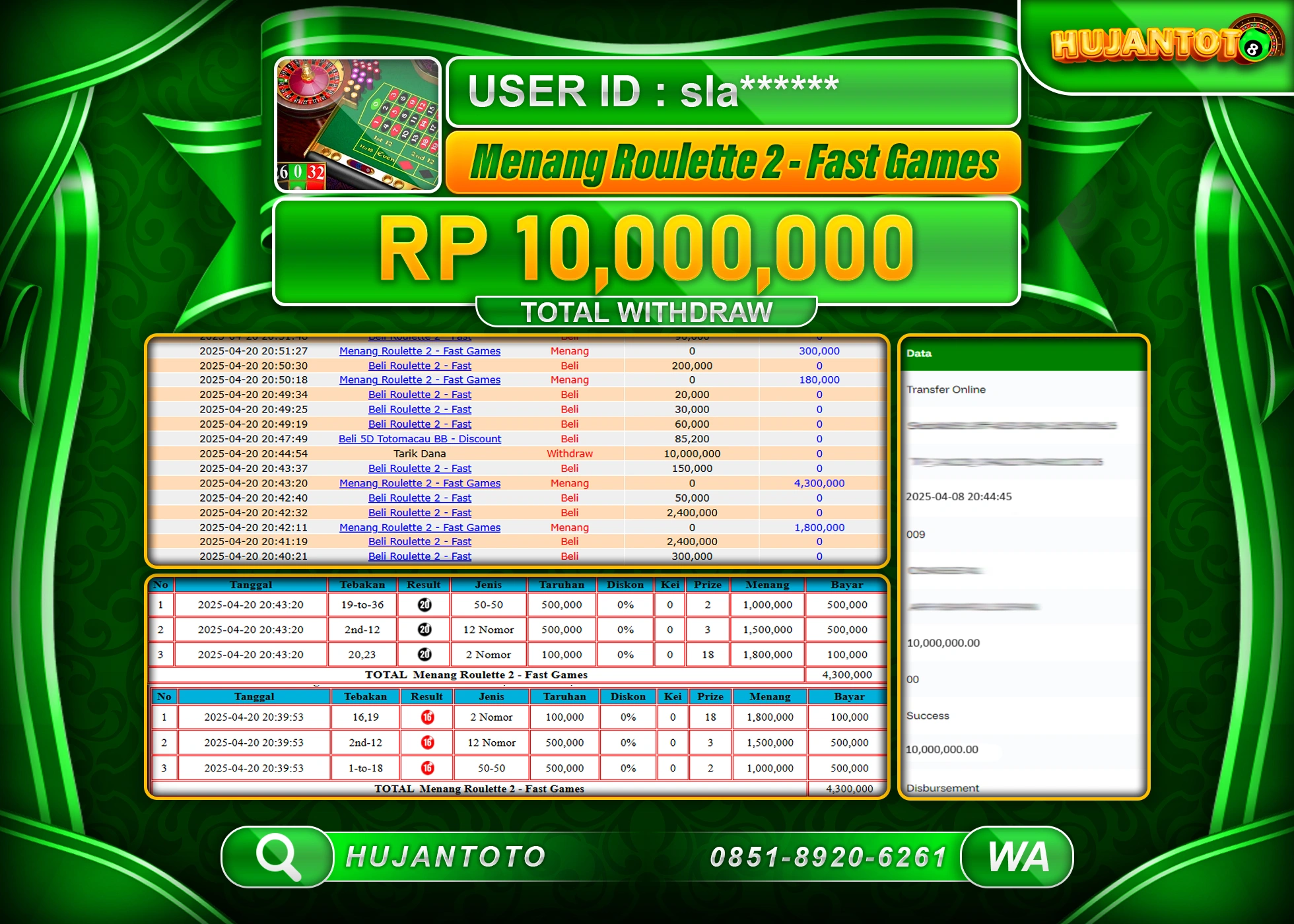 HUJANTOTO - BUKTI JACKPOT MENANG LIVE GAMES ROULETTE 2 FAST Rp,10,000,000 - TERBAYAR LUNAS
