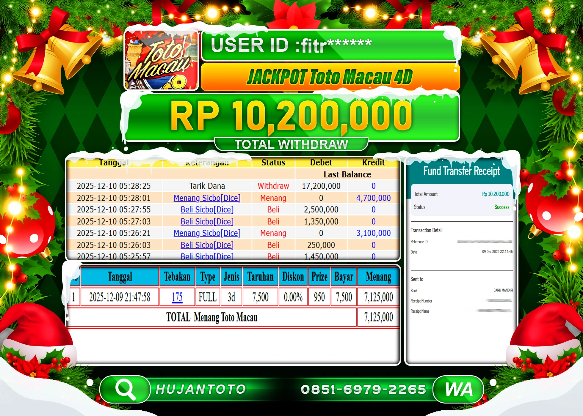 HUJANTOTO - BUKTI JACKPOT MENANG TOGEL TOTO MACAU 4D Rp.10,200,000 - TERBAYAR LUNAS