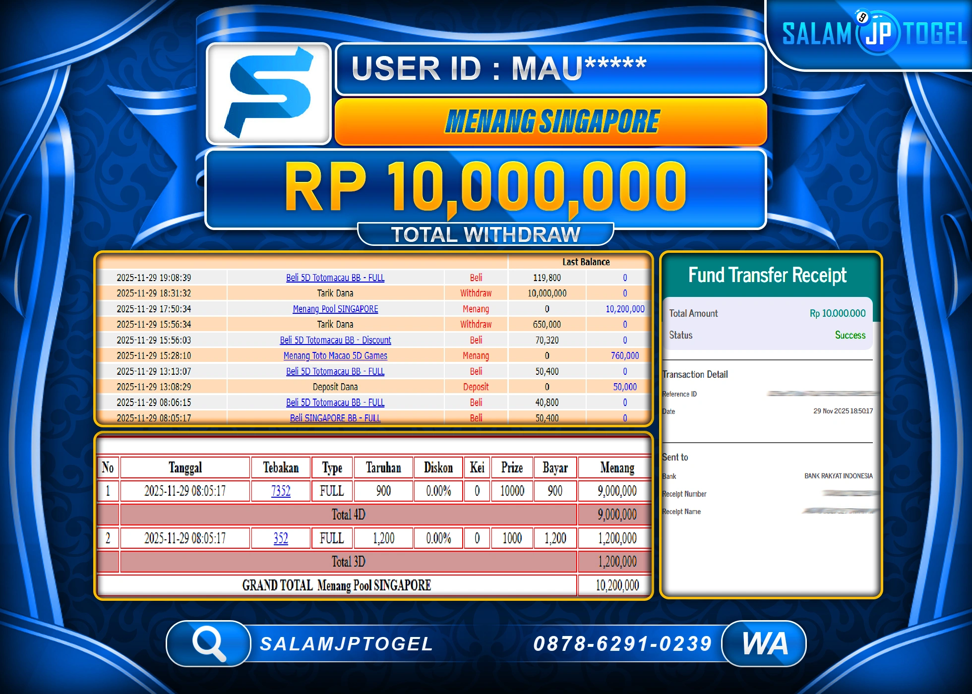 SALAMJPTOGEL MENANG JACKPOT SINGAPORE Rp.10,000,000  - LUNAS