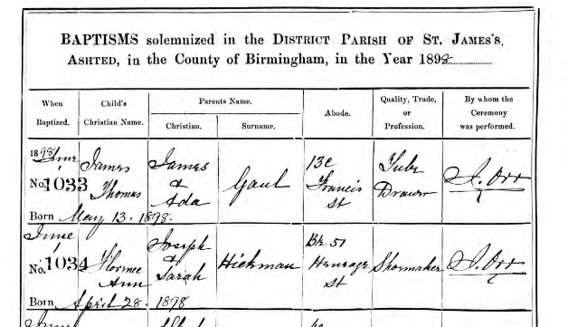 Baptism entry in parish register