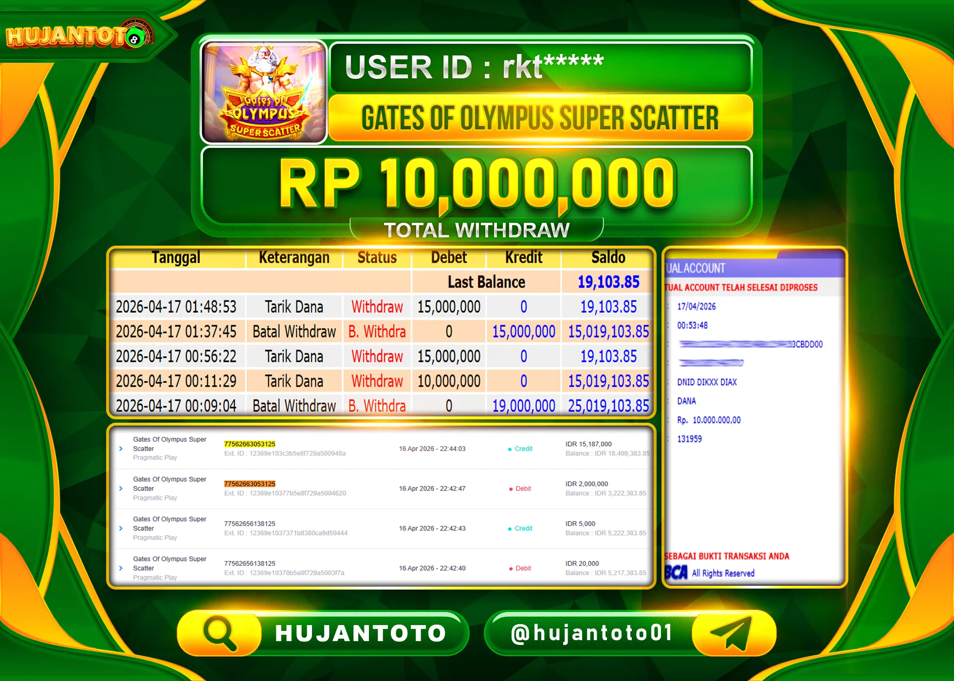HUJANTOTO - BUKTI JACKPOT MENANG SLOT GATES OF OLYMPUS SUPER SCATTER Rp.10,000,000 - TERBAYAR LUNAS