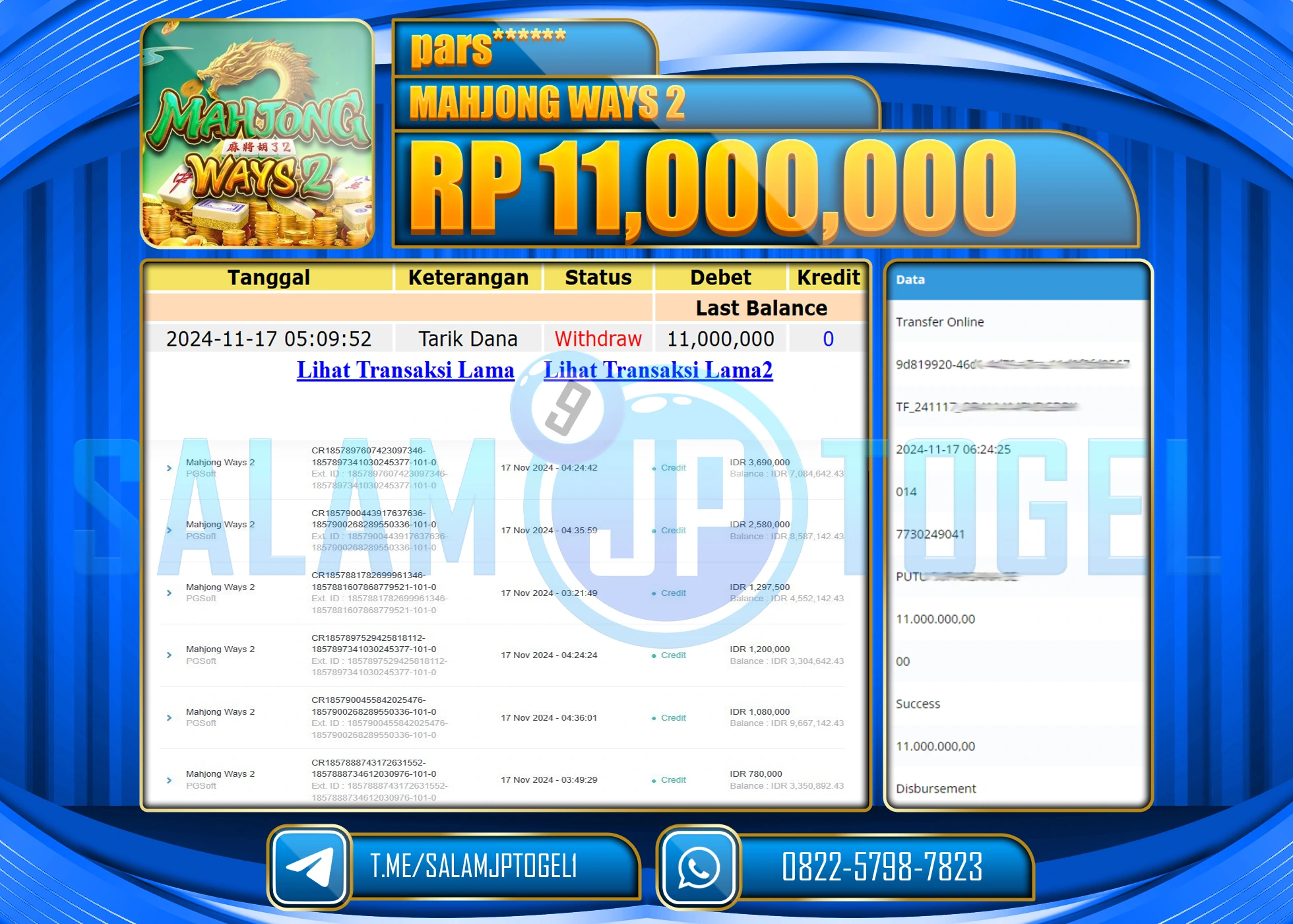SALAMJPTOGEL MENANG SLOT MAHJONG WAYS 2 RP. 11,000,000 LUNAS