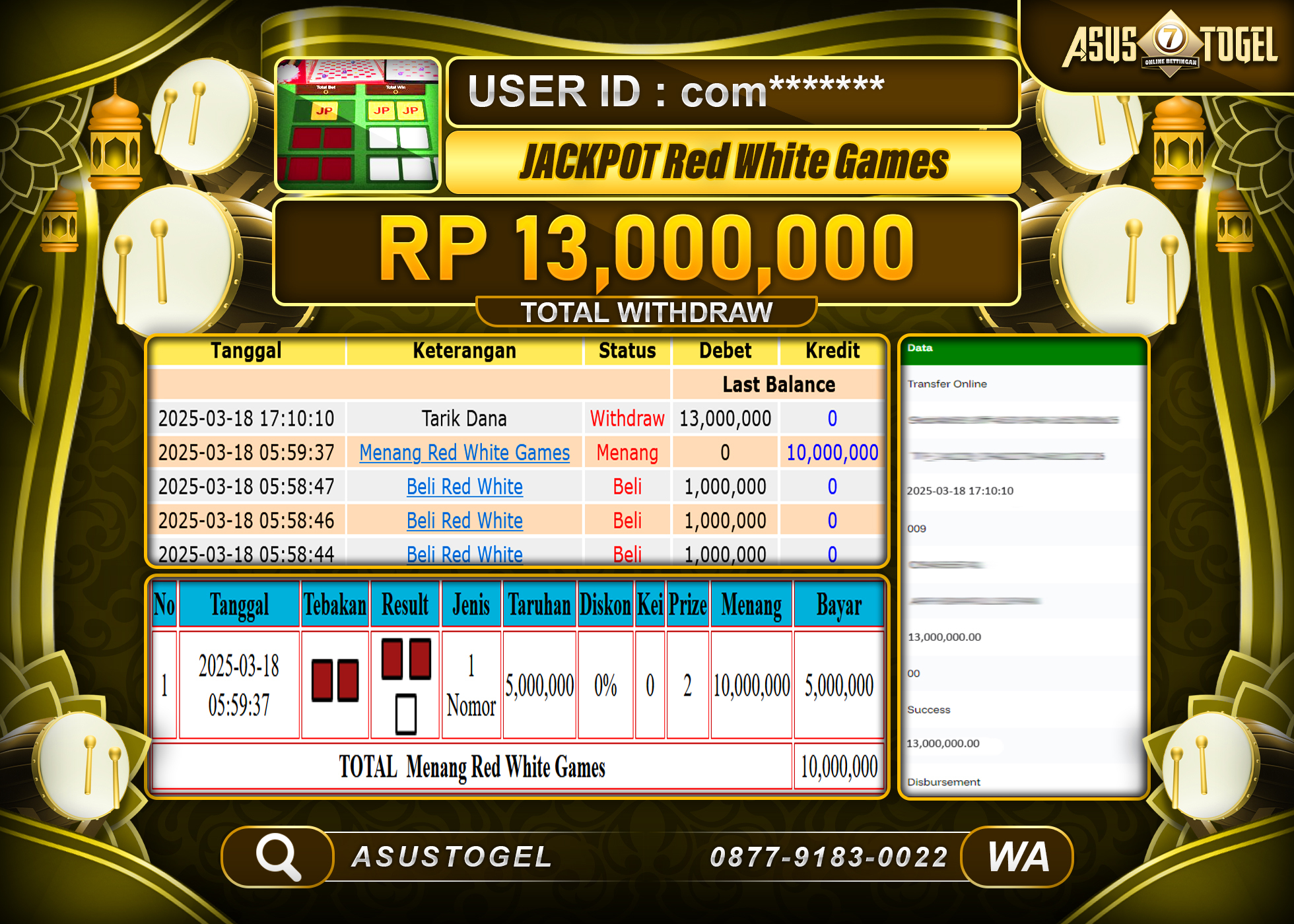 ASUSTOGEL KEMENANGAN DI RED WHITE GAMES   SEBESAR 13,000,000- RUPIAH LUNAS