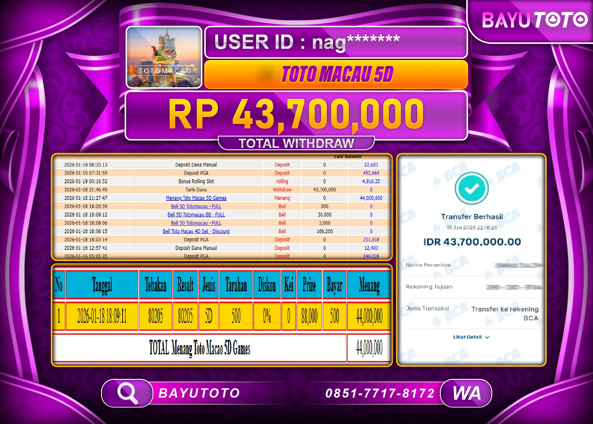 SELAMAT KEPADA MEMBER  SETIA BAYUTOTO JACKPOT DI TOTO MACAU 5D  Rp. 43,700,000 LUNAS