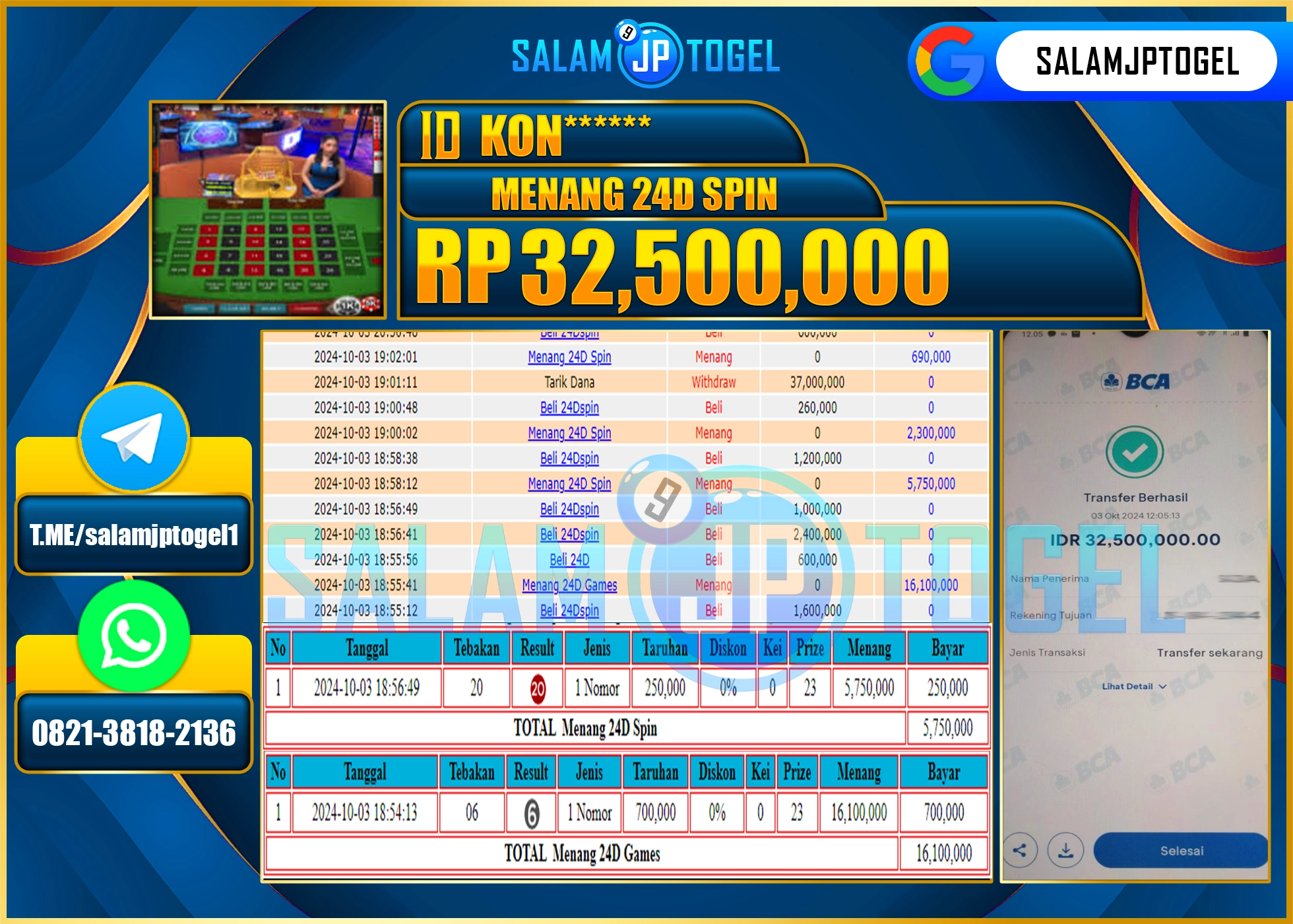 SALAMJPTOGEL MENANG LIVEGAMES 24D Spin RP. 32,500,000 LUNAS