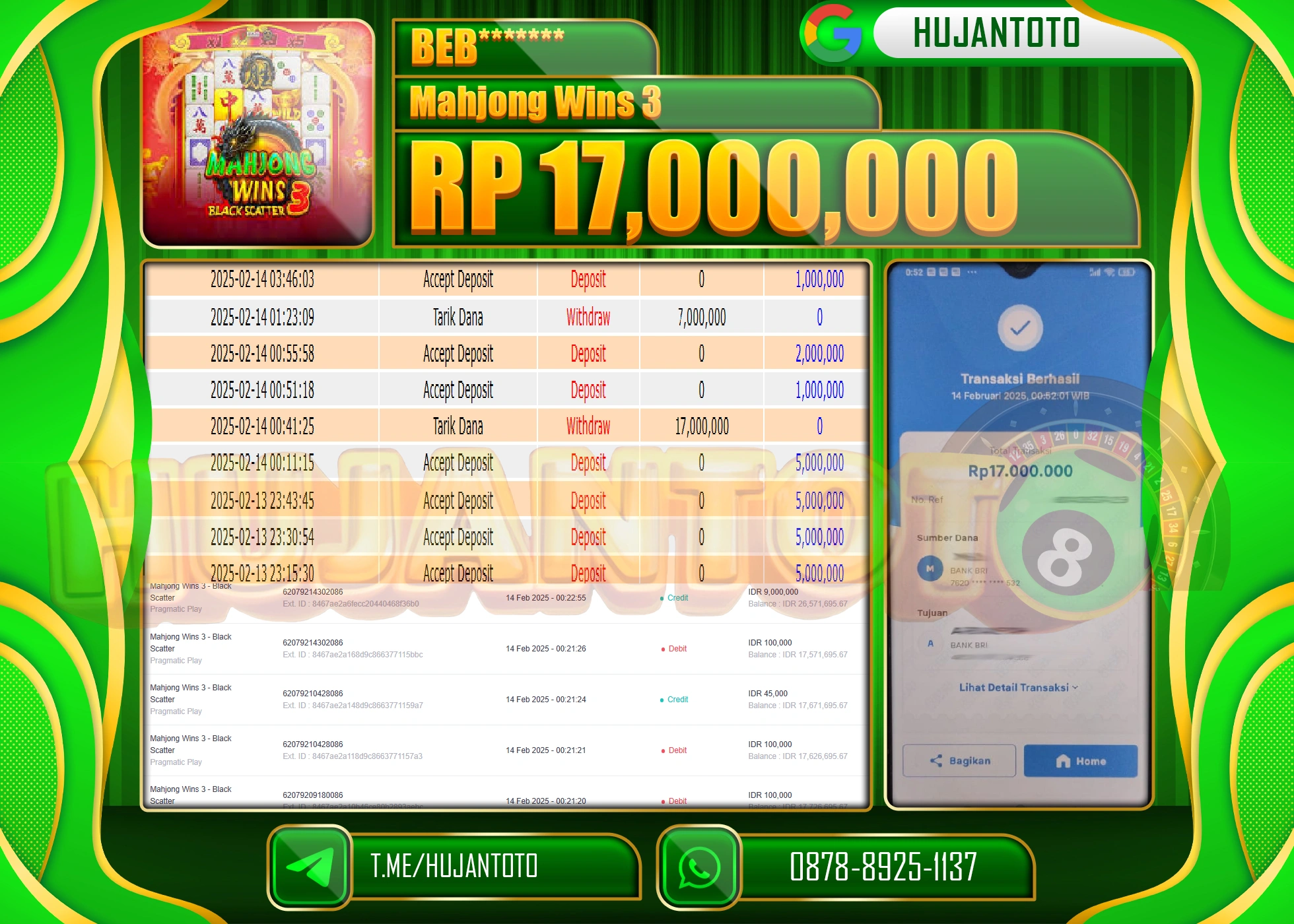 HUJANTOTO - BUKTI JACKPOT MENANG SLOT MAHJONG WINS 3 Rp,17.000,000 - TERBAYAR LUNAS
