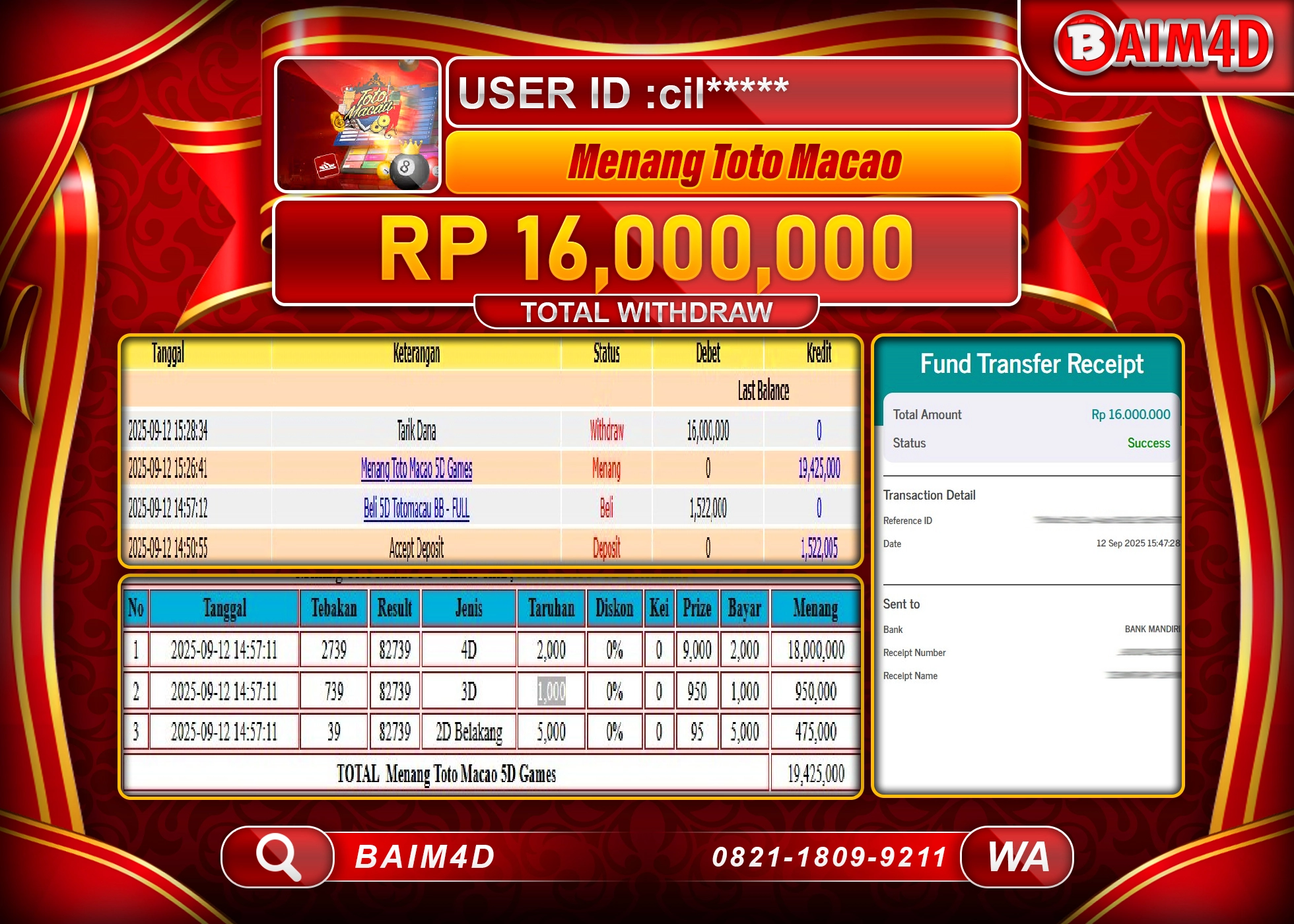BAIM4D JACKPOT TOGEL TOTO MACAU 4D Rp.16,000,000.- LUNAS