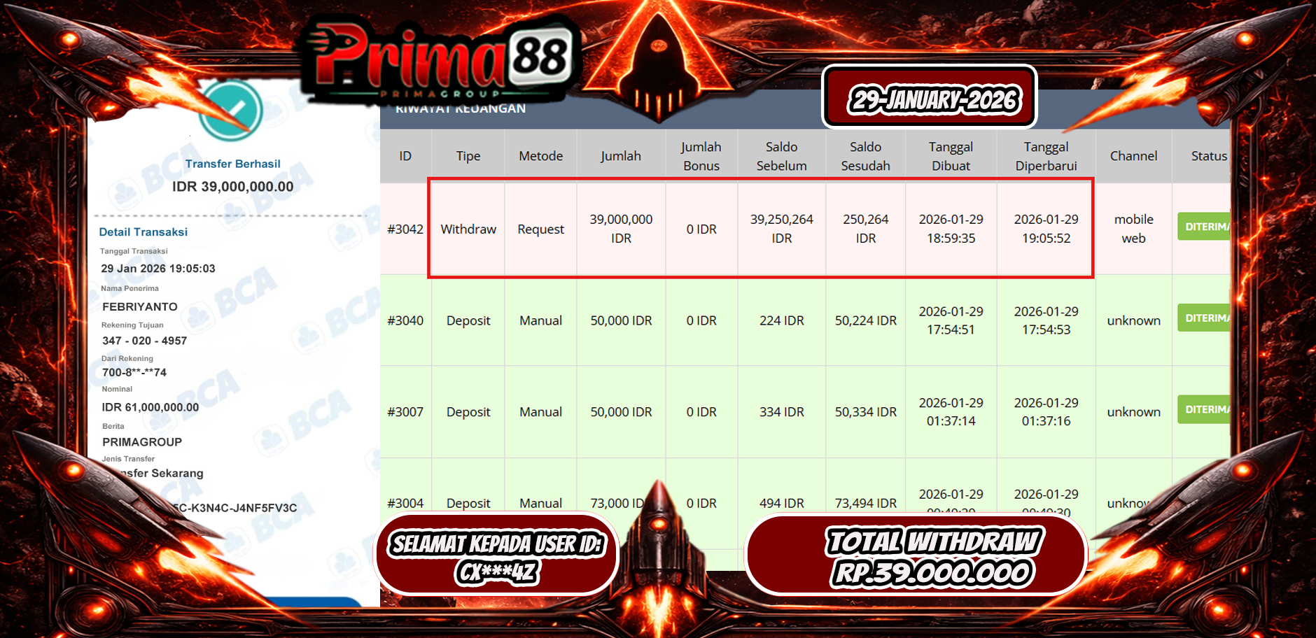 PRIMA88-JACKPOT SLOT GAME GATES OF OLYMPUS 1000 HINGGA 39 JUTA, 29 JANUARI 2026