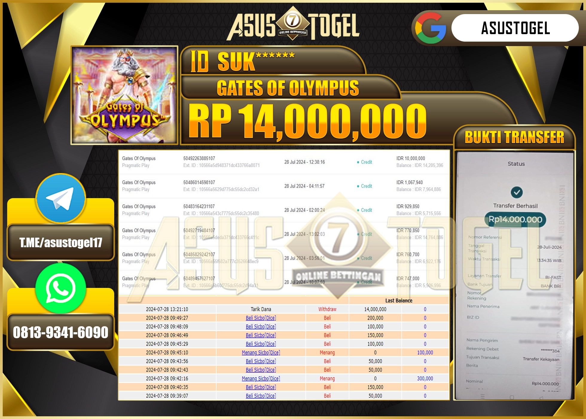 ASUSTOGEL KEMENANGAN DI GATES OF OLYMPUS SEBESAR 14,000,000- RUPIAH LUNAS