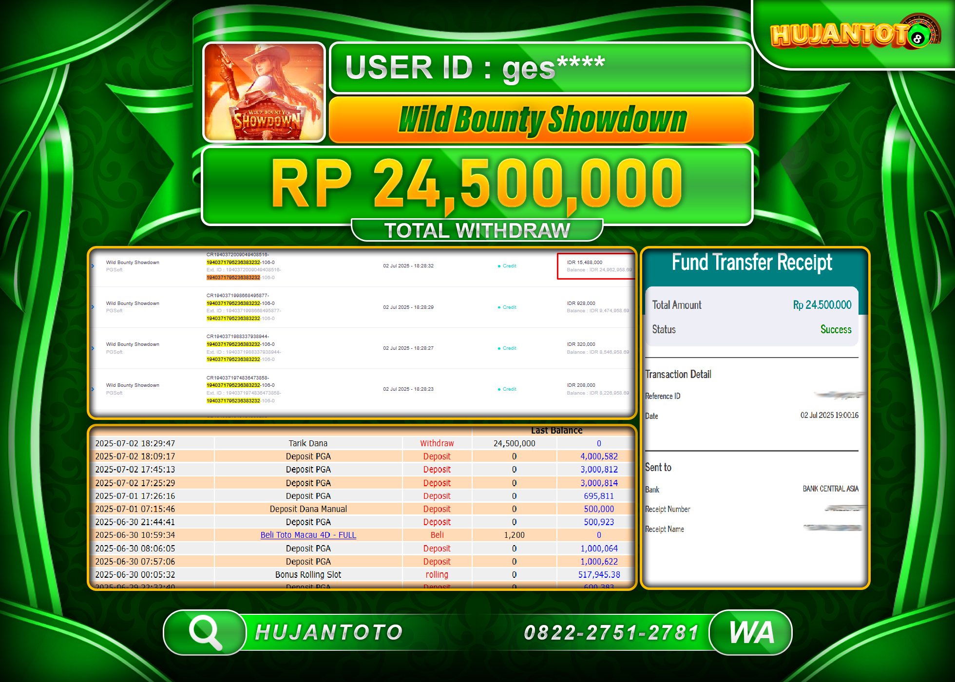 HUJANTOTO - BUKTI JACKPOT MENANG SLOT WILD BOUNTY SHOWDOWN Rp.24,500,000  - TERBAYAR LUNAS