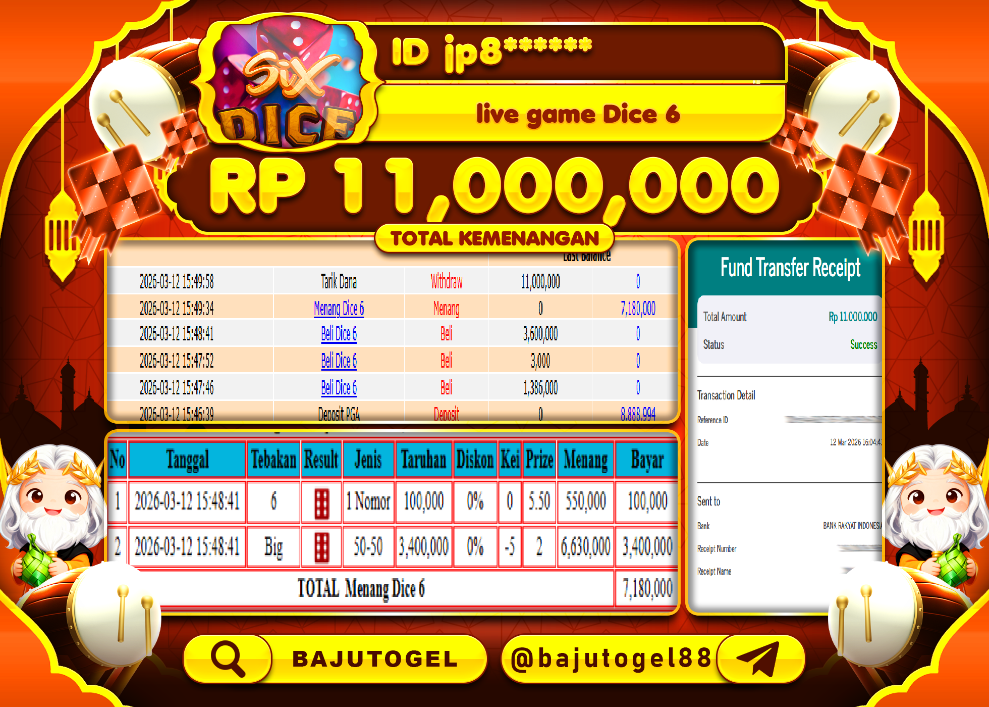 BAJUTOGEL KEMENANGAN JACKPOT DI LIVE GAME DICE 6 Rp.11,000,000 LUNAS