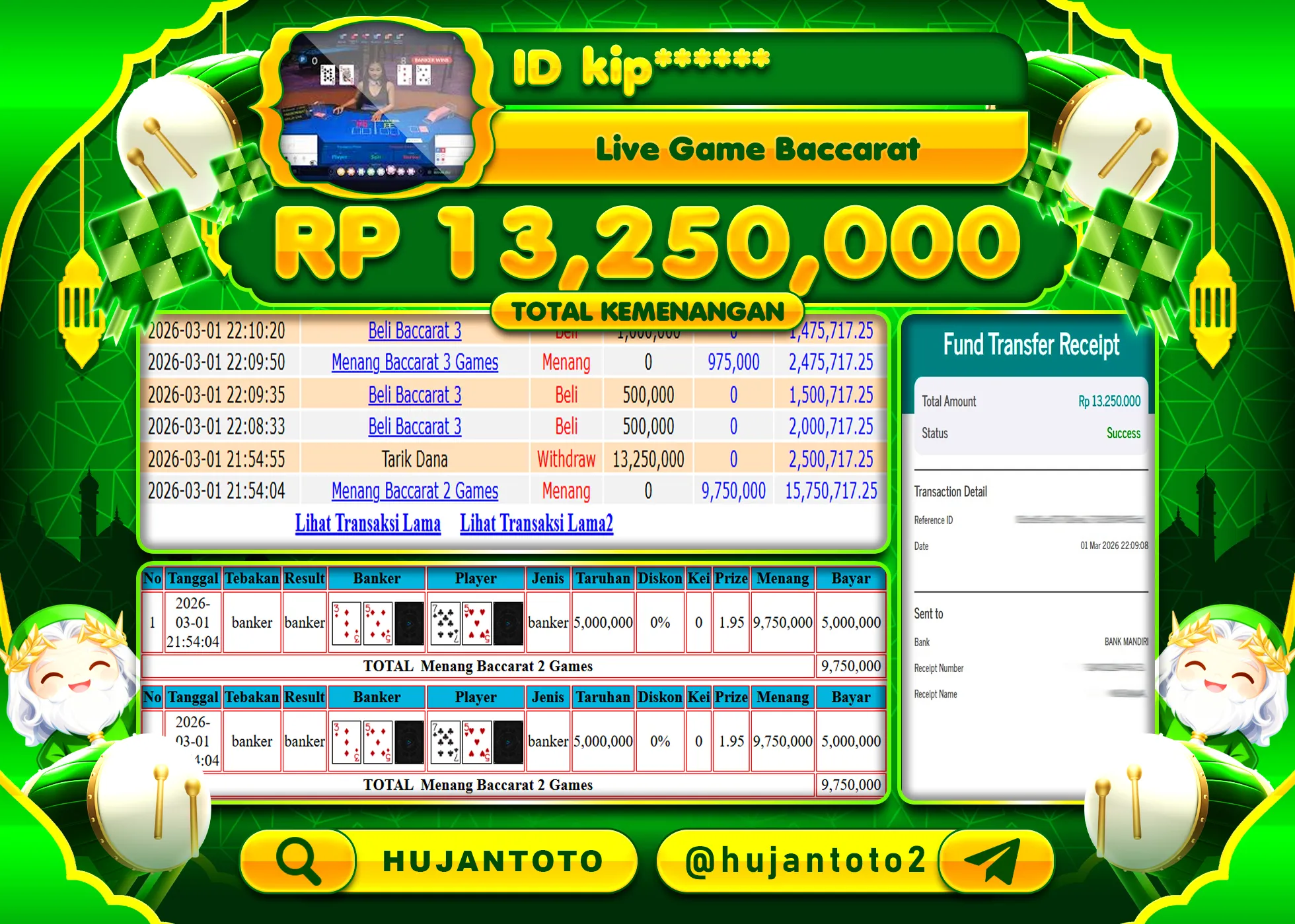 HUJANTOTO - BUKTI JACKPOT MENANG LIVE GAME BACCARAT Rp.13,250,000 - TERBAYAR LUNAS