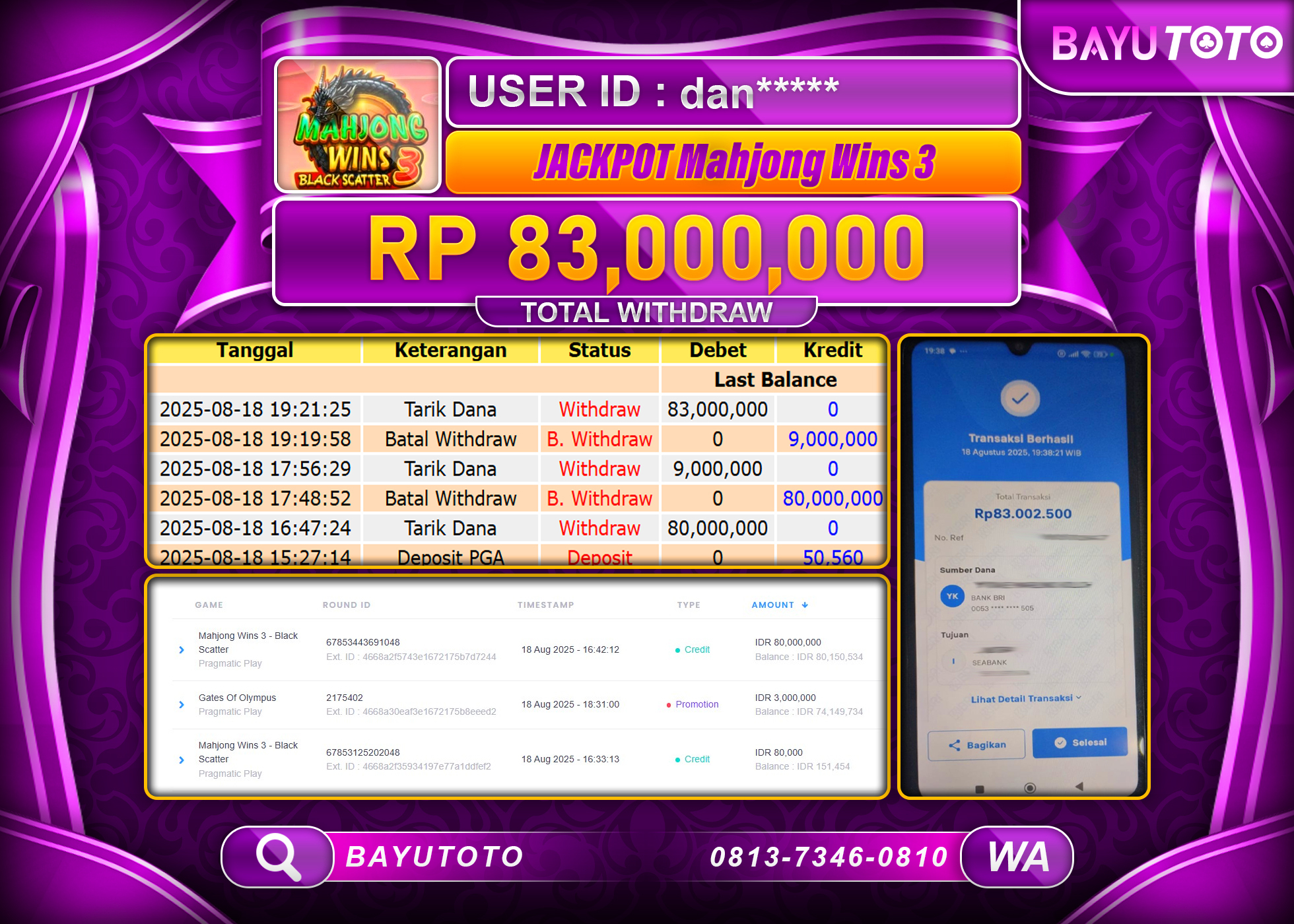 BAYUTOTO JACKPOT DI SLOT Mahjong Wins 3 - Black Scatter Rp.83,000,000 LUNAS