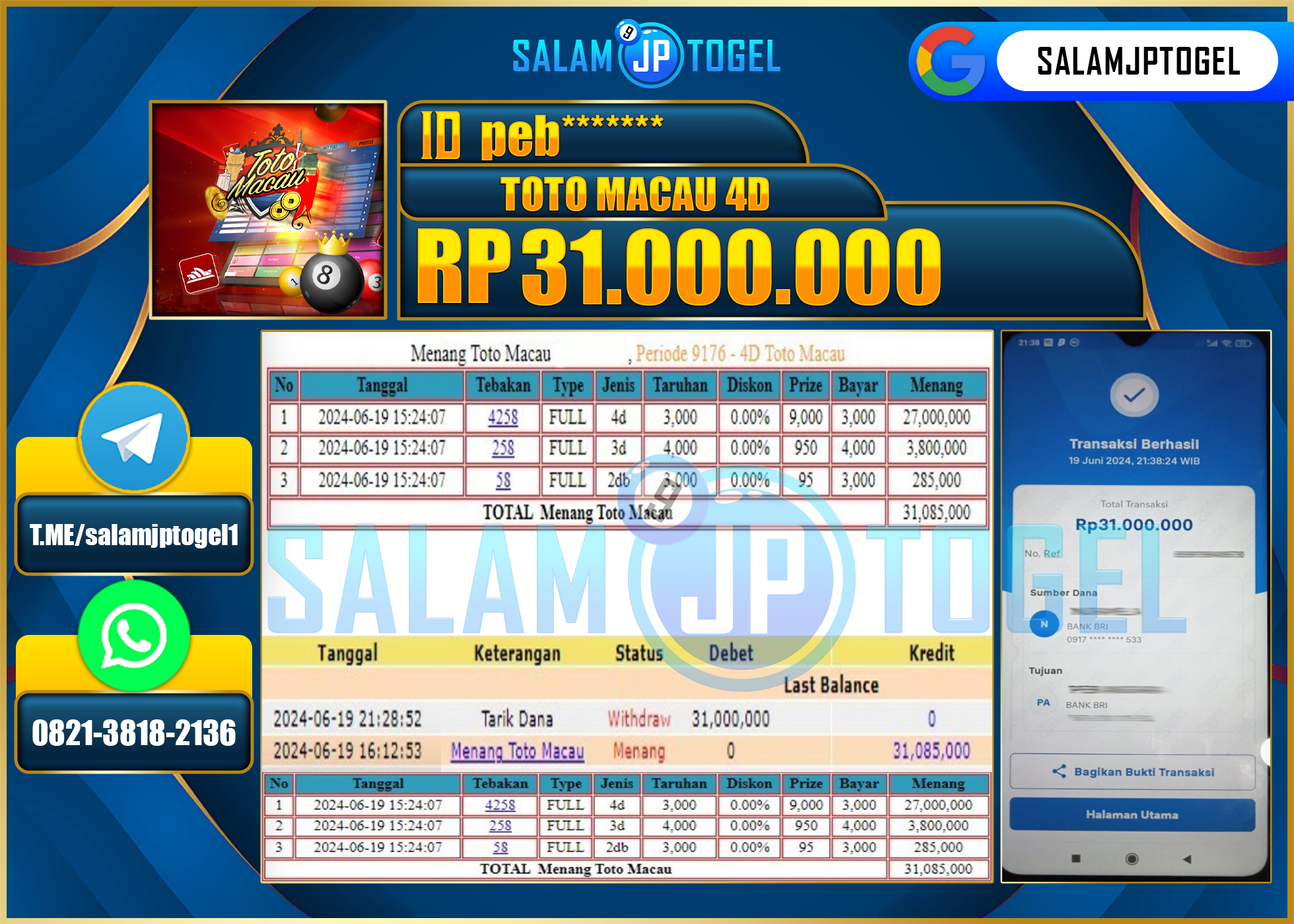 SALAMJPTOGEL MENANG TOTO MACAU 4D RP. 31,000,000.,LUNAS