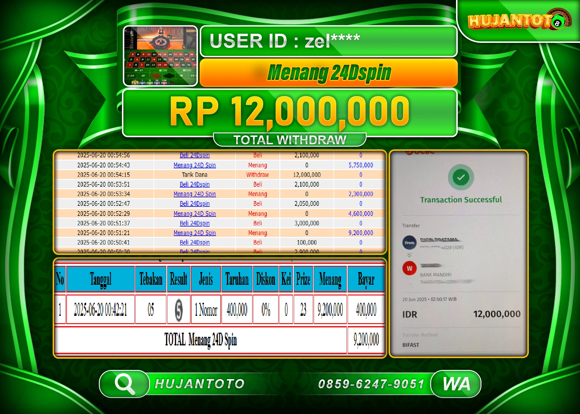 HUJANTOTO - BUKTI JACKPOT MENANG LIVE GAME 24D SPIN GAMES Rp.12,000,000 - TERBAYAR LUNAS