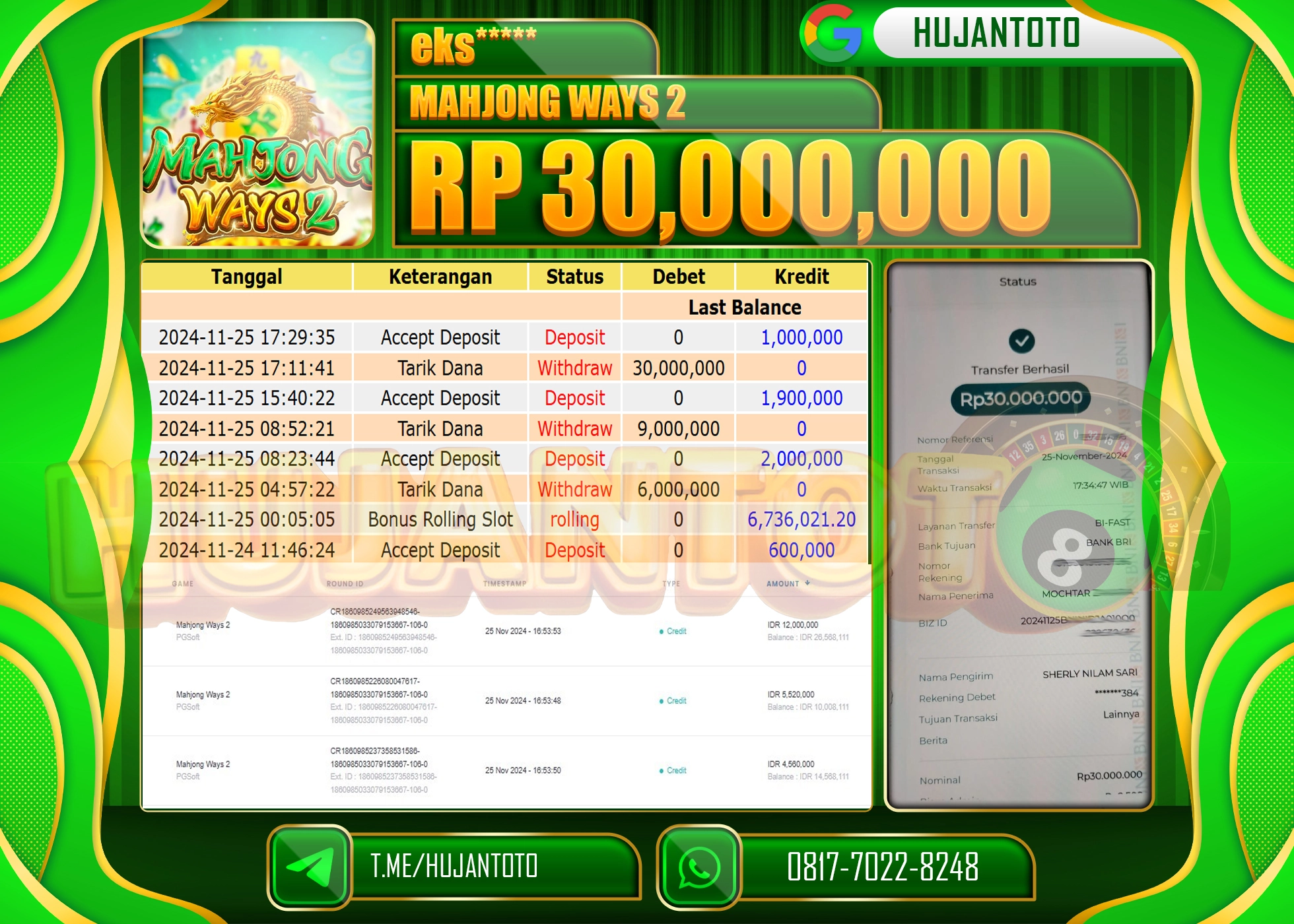 HUJANTOTO KEMENANGAN JACKPOT  BESAR DI SLOT MAHJONG WAYS 2 DIRAIH SEBESAR  - 30,000,000 - LUNAS