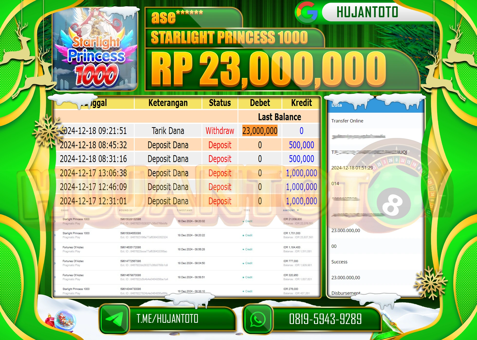 HUJANTOTO ATAS KEMENANGAN BESAR YANG DI RAIH DI PERMAINA SLOT STARLIGHT PRINCESS 1000 - 23,000,000 - TERBAYAR LUNAS