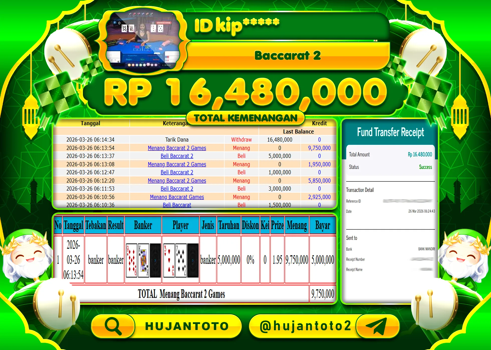 HUJANTOTO - BUKTI JACKPOT MENANG LIVEGAMES BACCARAT 2 Rp.16,480,000 - TERBAYAR LUNAS