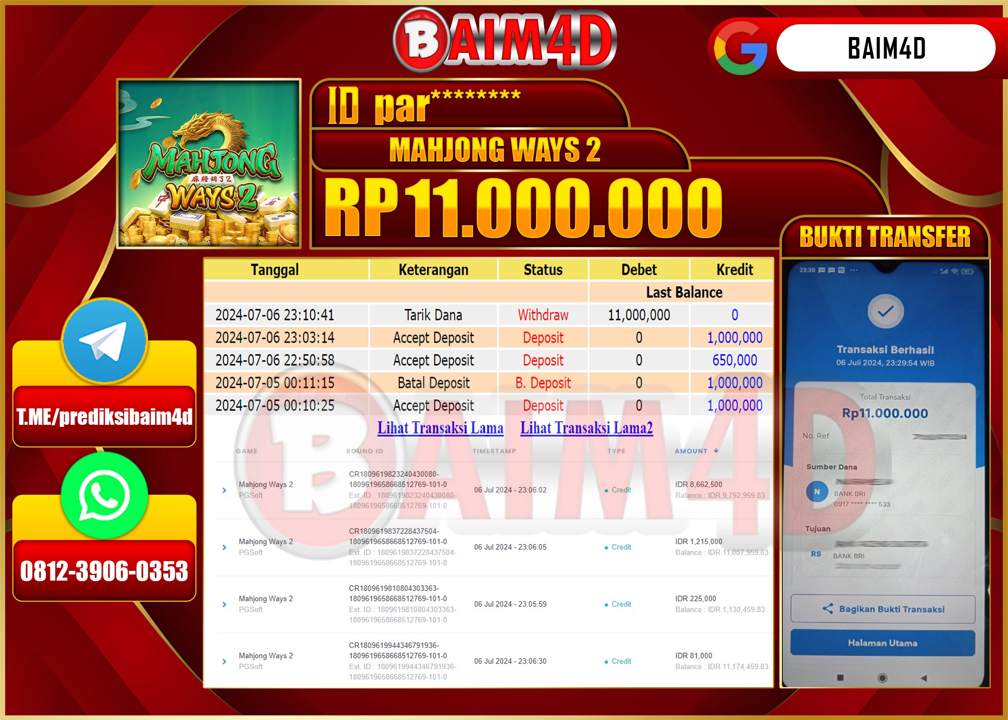 BAIM4D JACKPOT PG SOFT MAHJONG 2 WAYS  Rp.11.000,000.- LUNAS