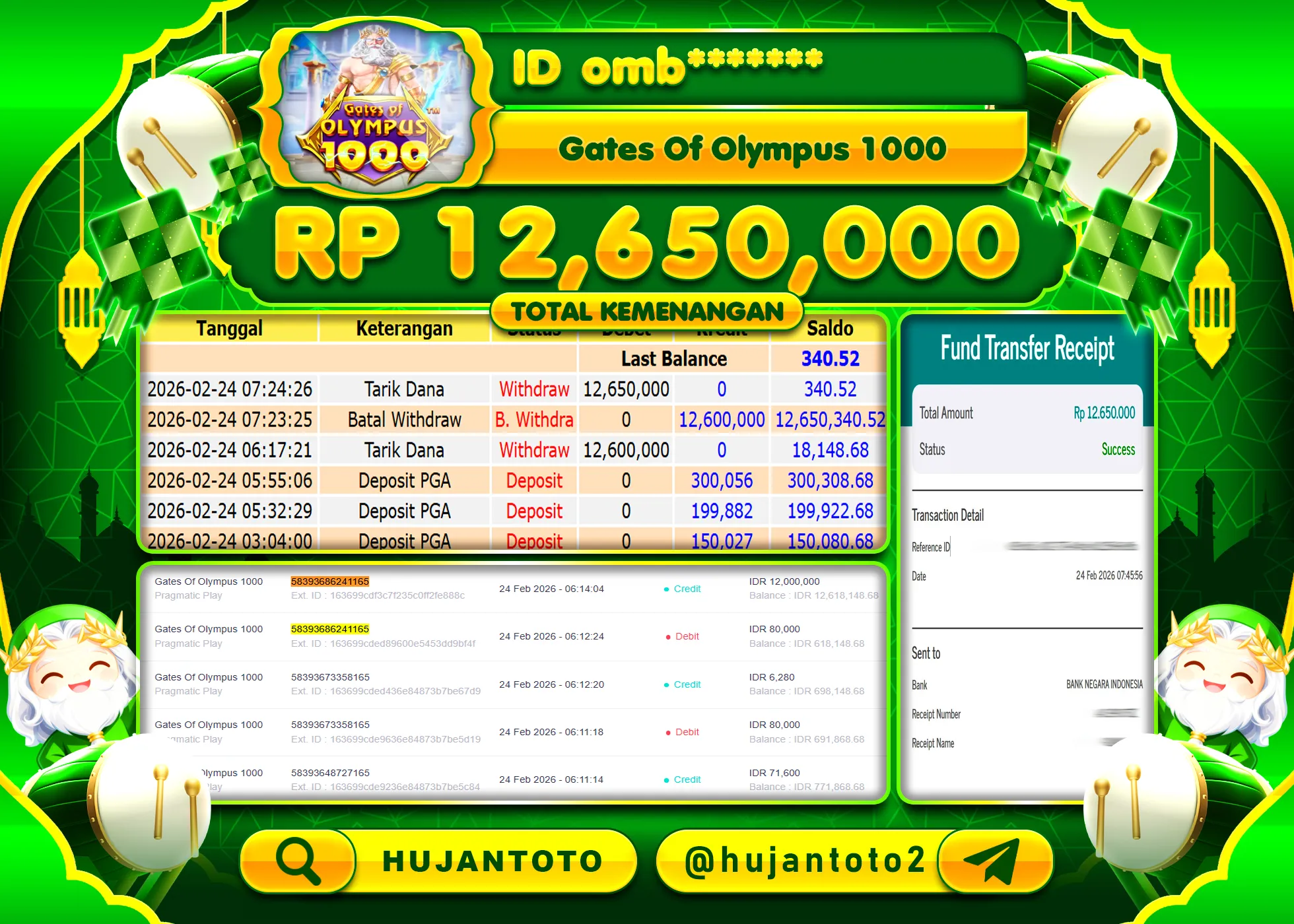 HUJANTOTO - BUKTI JACKPOT MENANG SLOT GATES OF OLYMPUS  1000 Rp.12,650,000 - TERBAYAR LUNAS