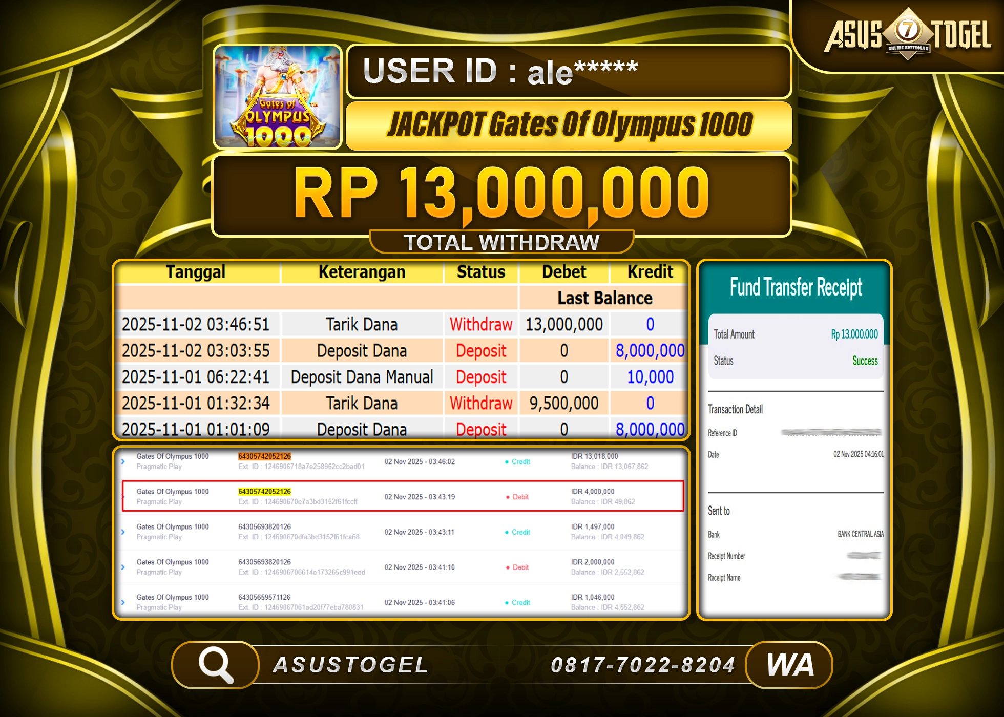 ASUSTOGEL KEMENANGAN DI SLOT GATES OF OLYMPUS 1000 SEBESAR 13,000,000 - RUPIAH LUNAS