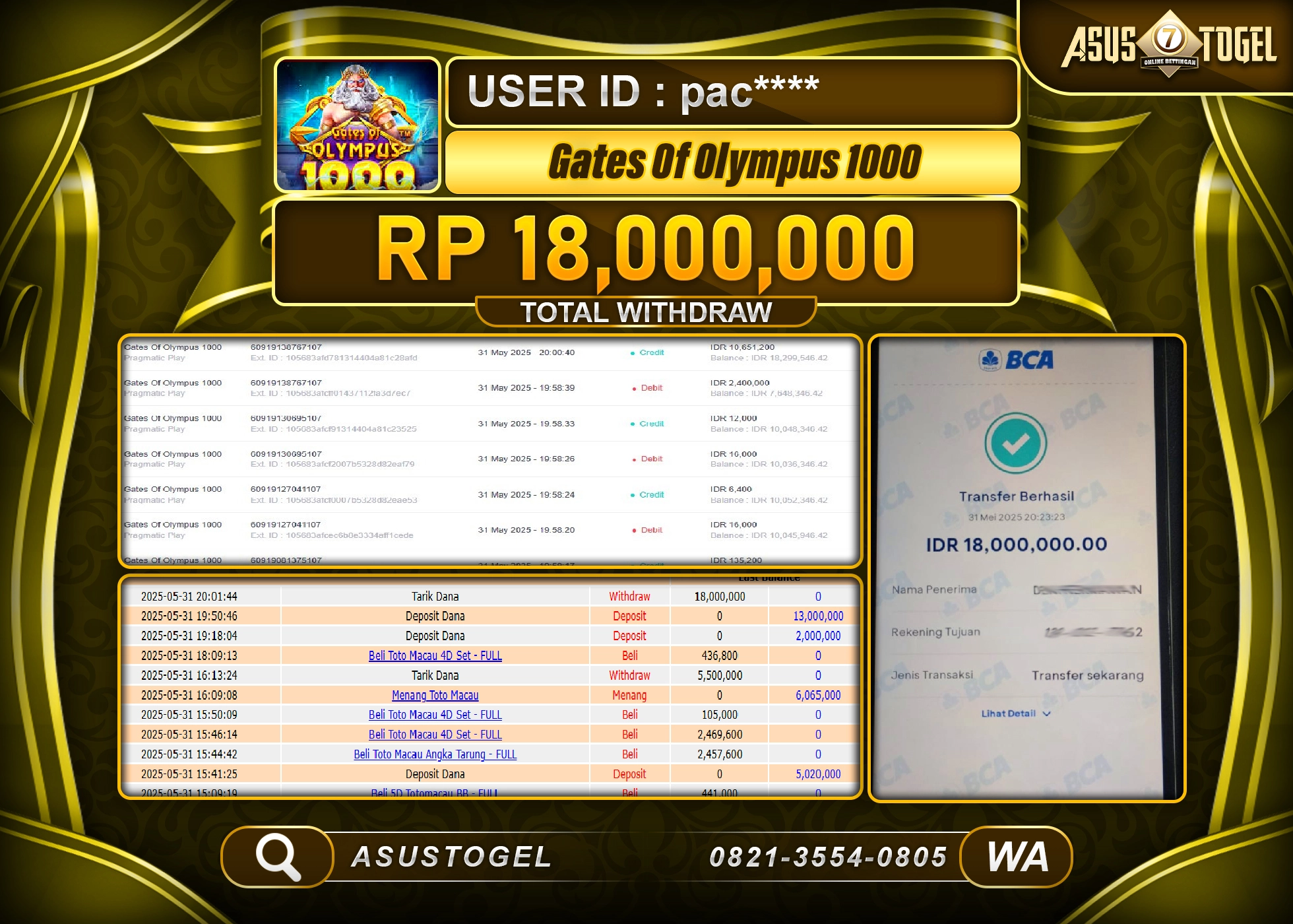 ASUSTOGEL KEMENANGAN DI SLOT GATES OF OLYMPUS 1000 SEBESAR 18,000,000- RUPIAH LUNAS
