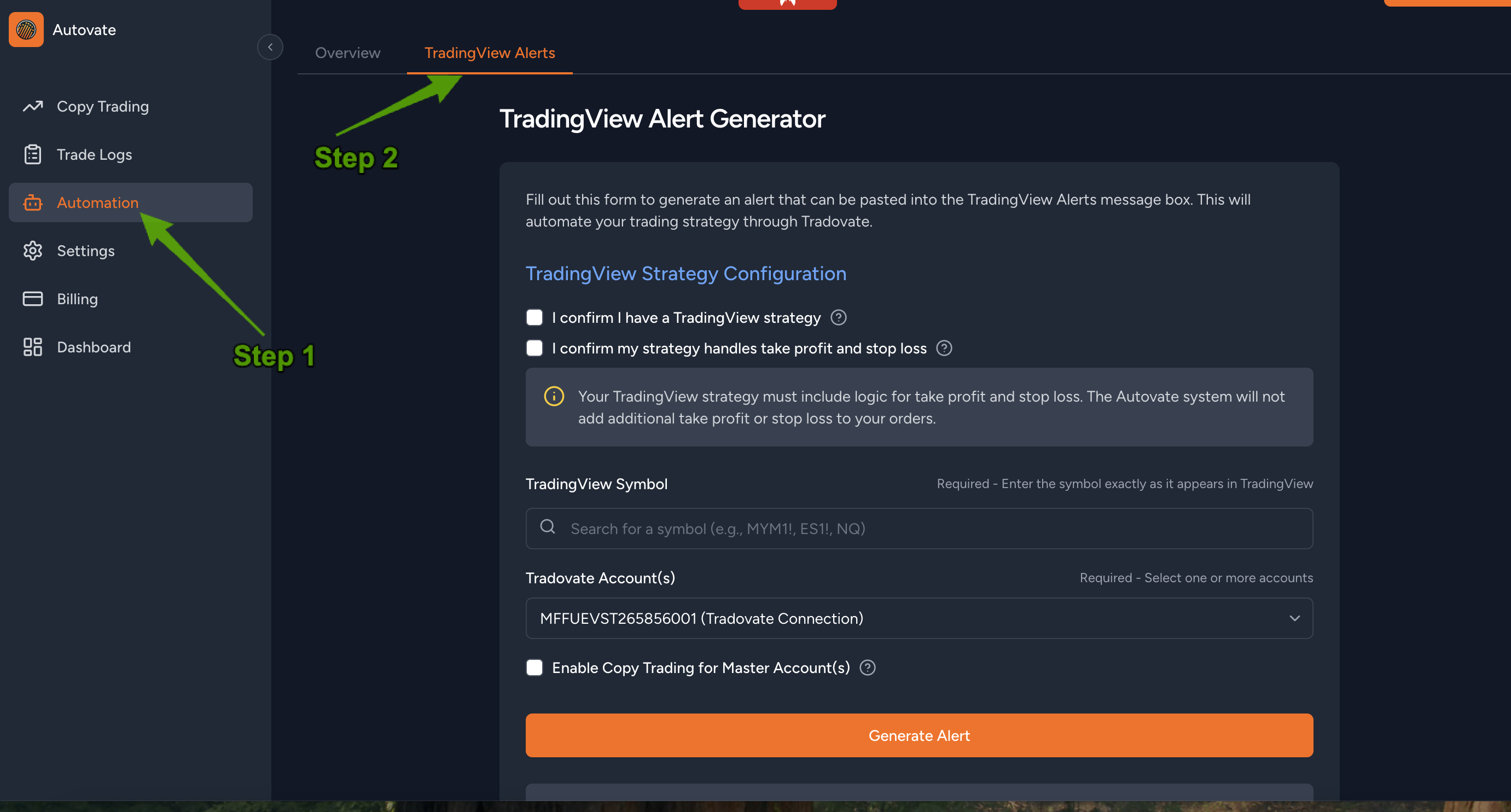 Automation > TradingView Alerts”>
<figcaption>Access TradingView Alerts</figcaption>
</figure>
<h2>2. Confirm Strategy Configuration</h2>
<p>Check both boxes to verify that your TradingView strategy includes a proper exit plan—this prevents “ghost” trades from remaining open.</p>
<figure>
<img decoding=
