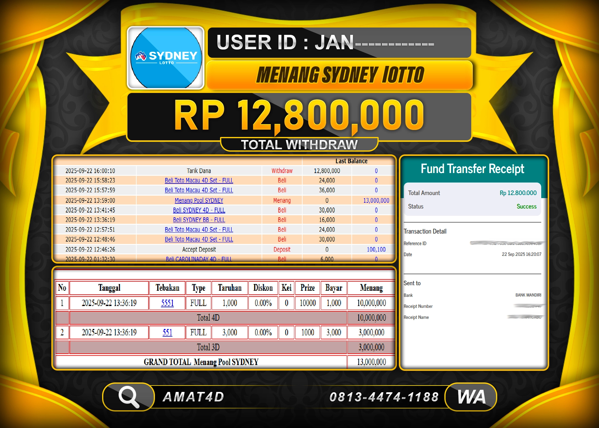 AMAT4D KEMENANGAN DI TOGEL SYDNEY LOTTO Rp.12.800.000 BERHASIL TERBAYAR LUNAS