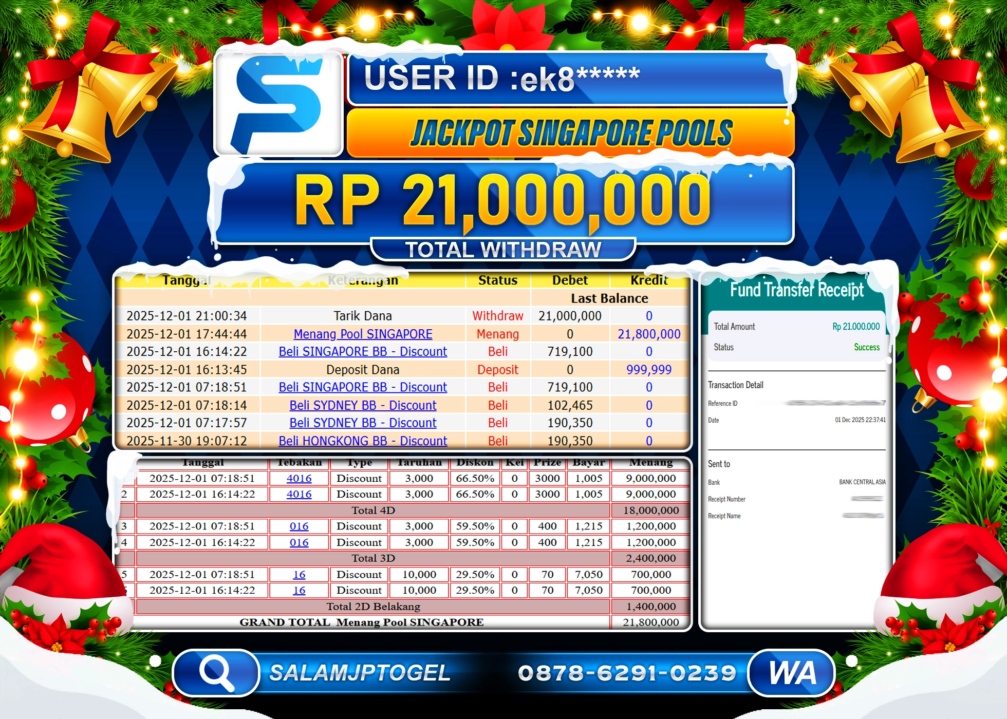 SALAMJPTOGEL JACKPOT TOGEL Pool SINGAPORE Rp.21,000,000  - LUNAS