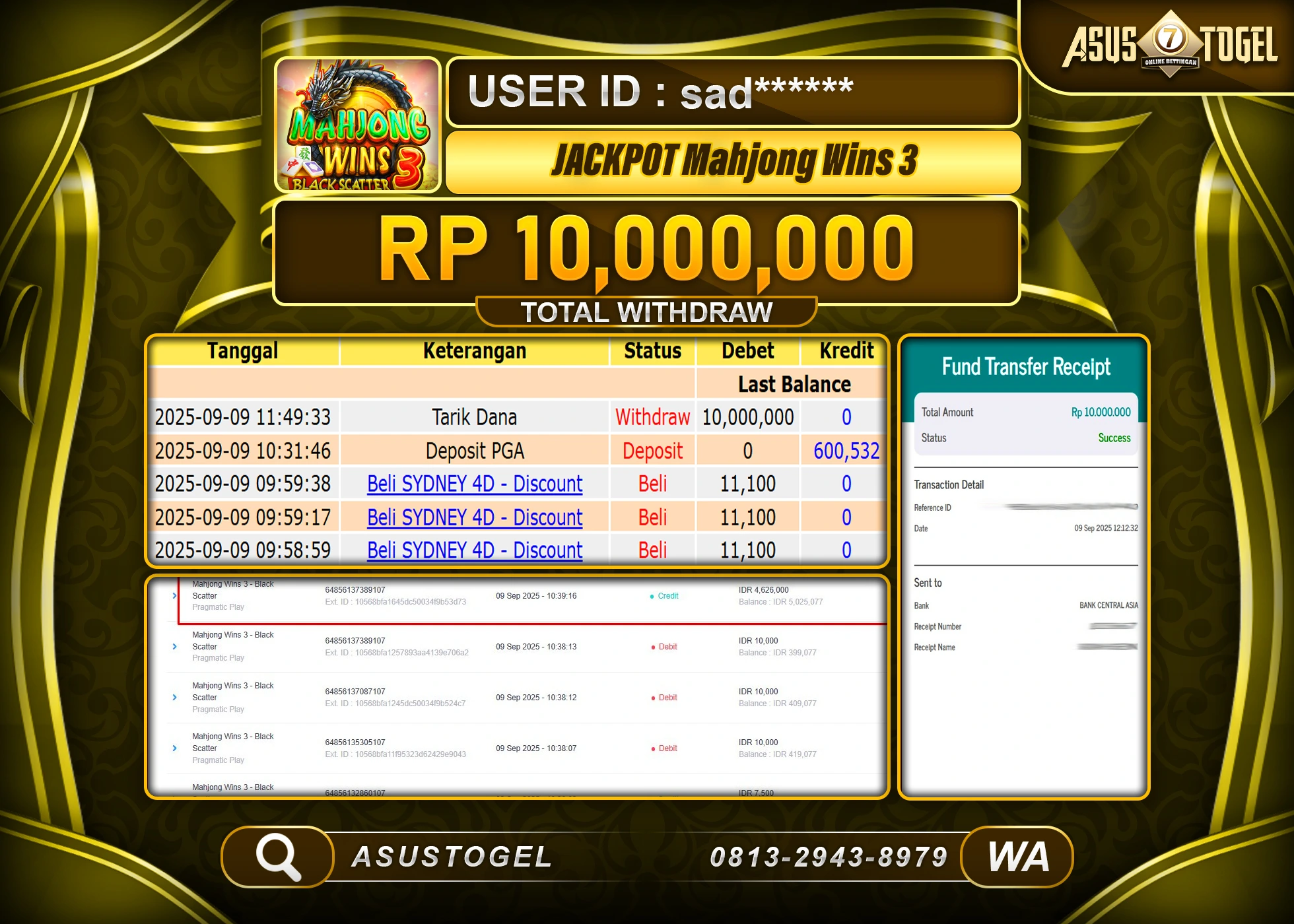 ASUSTOGEL KEMENANGAN DI SLOT MAHJONG WINS 3 SEBESAR 10,000,000- RUPIAH LUNAS