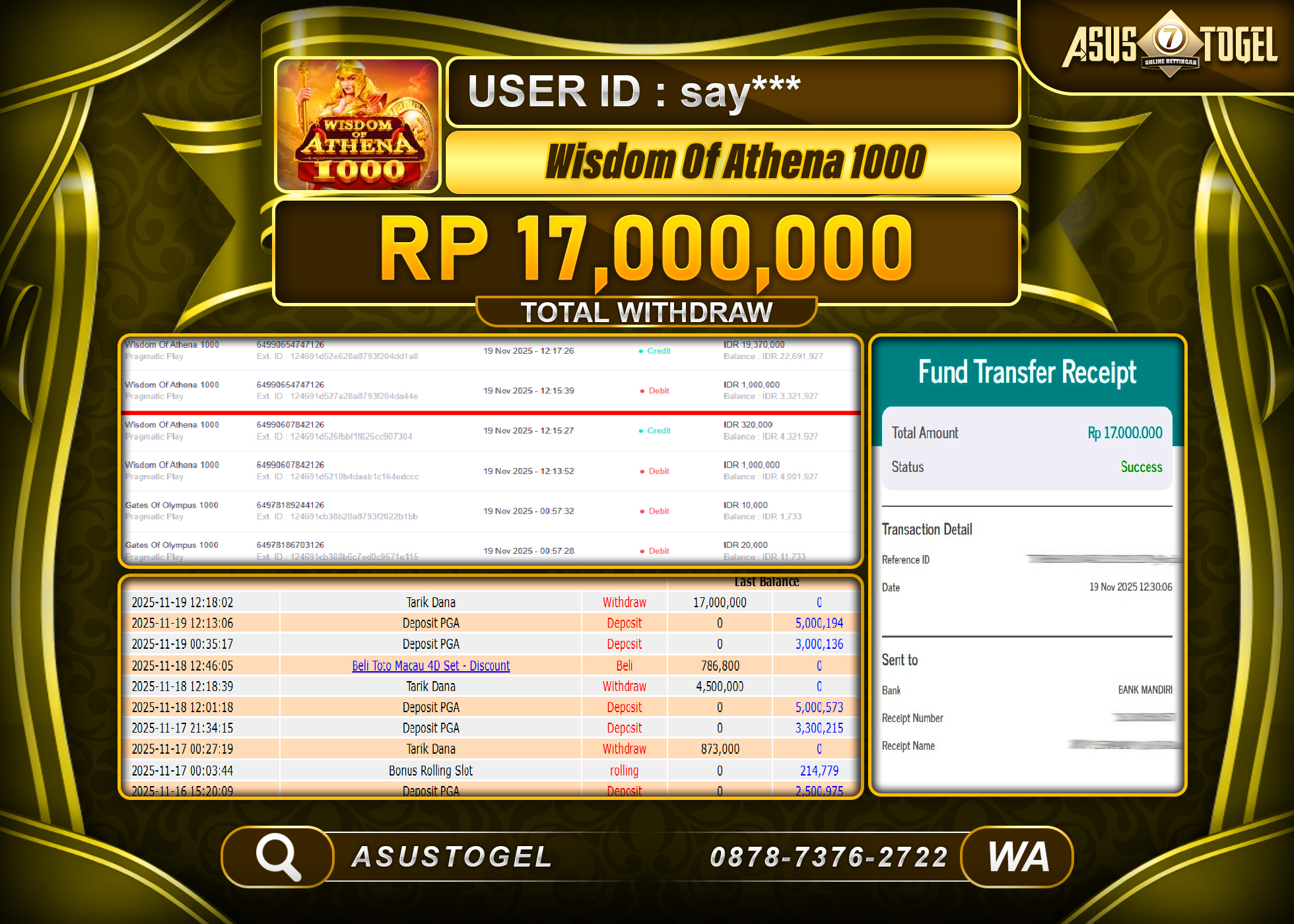 ASUSTOGEL KEMENANGAN DI SLOT WISDOM OF ATHENA 1000 SEBESAR 17,000,000 - RUPIAH LUNAS
