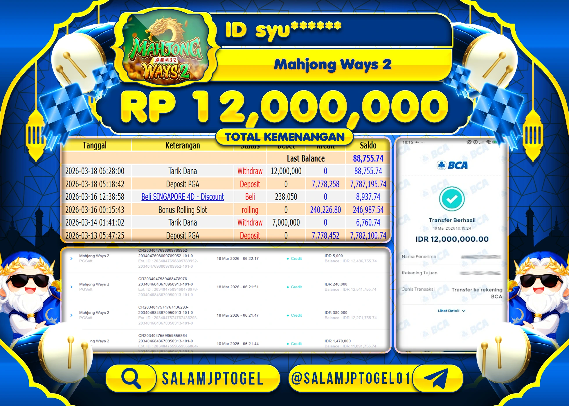 SALAMJPTOGEL MENANG JACKPOT Mahjong Ways 2(PGSoft)  Rp.12,000,000- LUNAS