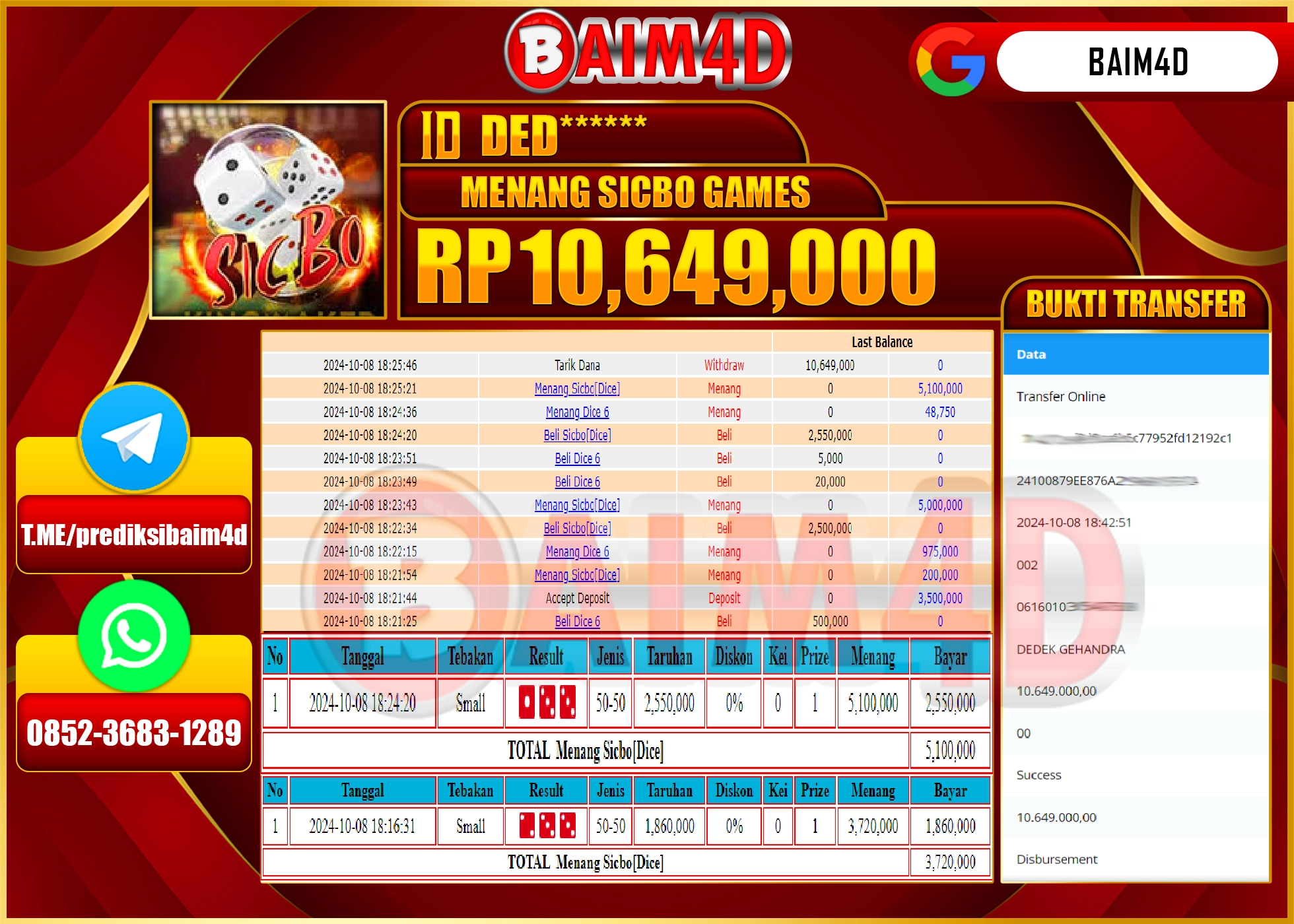 BAIM4D JACKPOT DI PERMAINAN Sicbo[Dice] Rp.10,649,000.- LUNAS