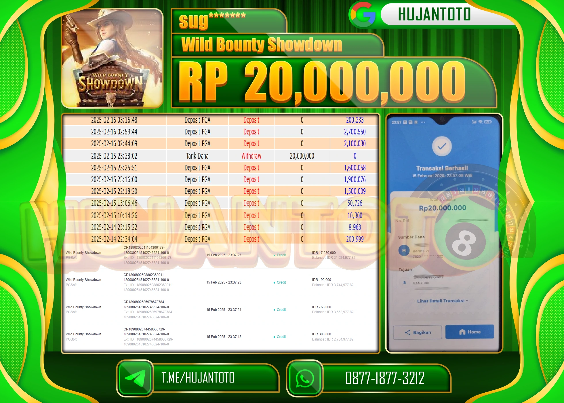 HUJANTOTO - BUKTI JACKPOT MENANG SLOT WILD BOUNTY SHOWDOWN Rp,20,000,000 - TERBAYAR LUNAS