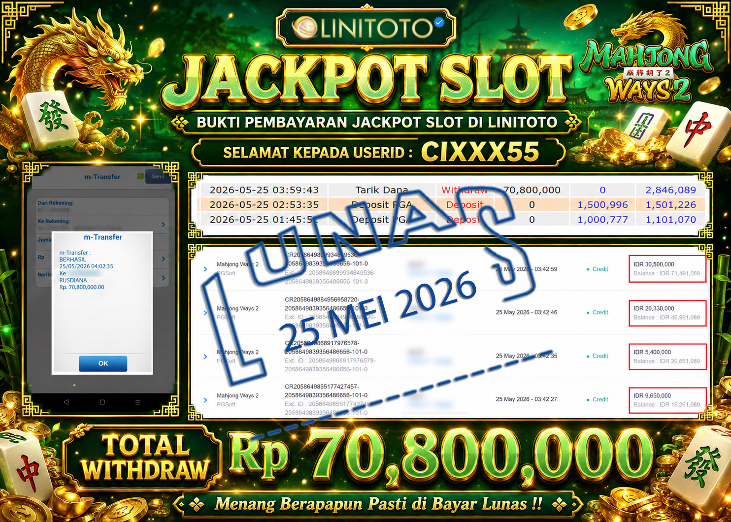 LINITOTO JACKPOT SLOT Mahjong Ways 2 Rp.70,800,000 - LUNAS