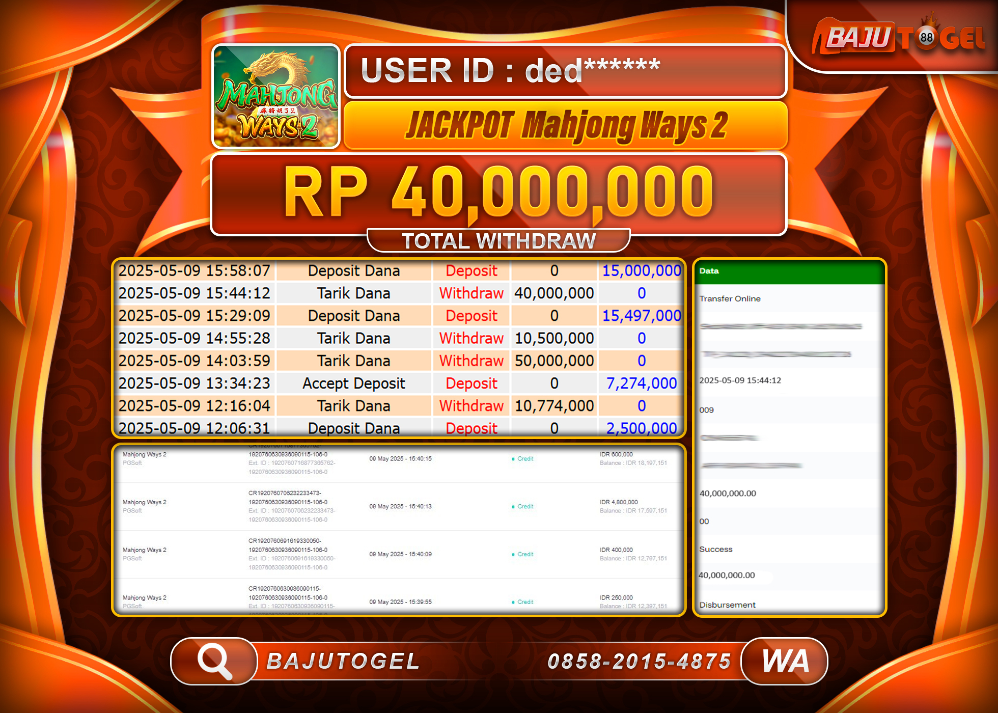 BAJUTOGEL KEMENANGAN  MAHJONG WAYS 2 Rp.40.000.000 LUNAS