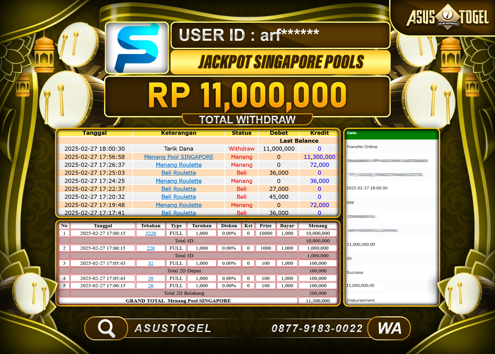 ASUSTOGEL KEMENANGAN DI TOGEL SINGAPORE SEBESAR 11,000,000- RUPIAH LUNAS